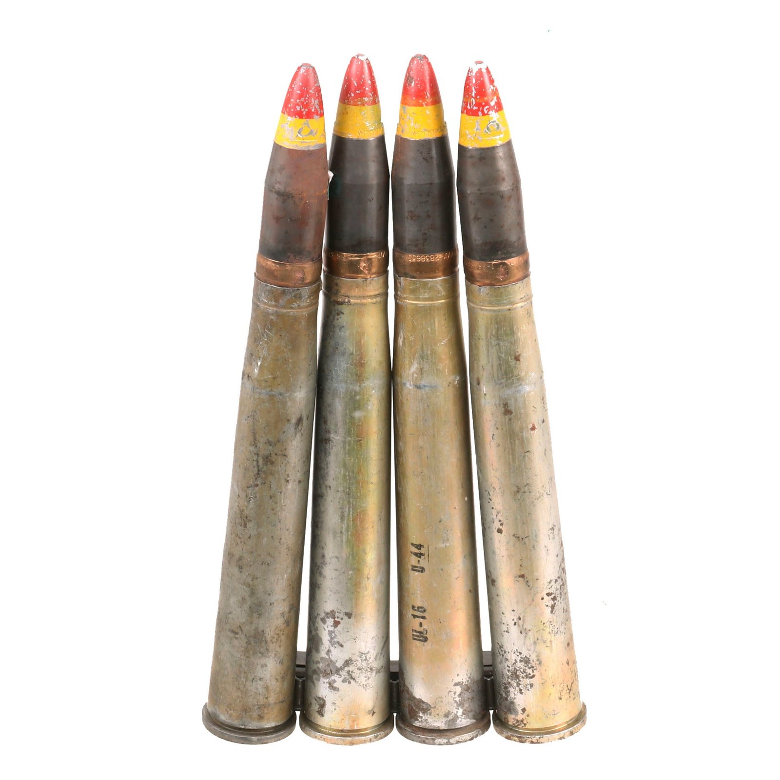 Buy Original U.S. WWII Set of Four 1944 Dated 40mm Bofors Gun Rounds with Original Clip - Inert | Original Firearms Antique For Sale