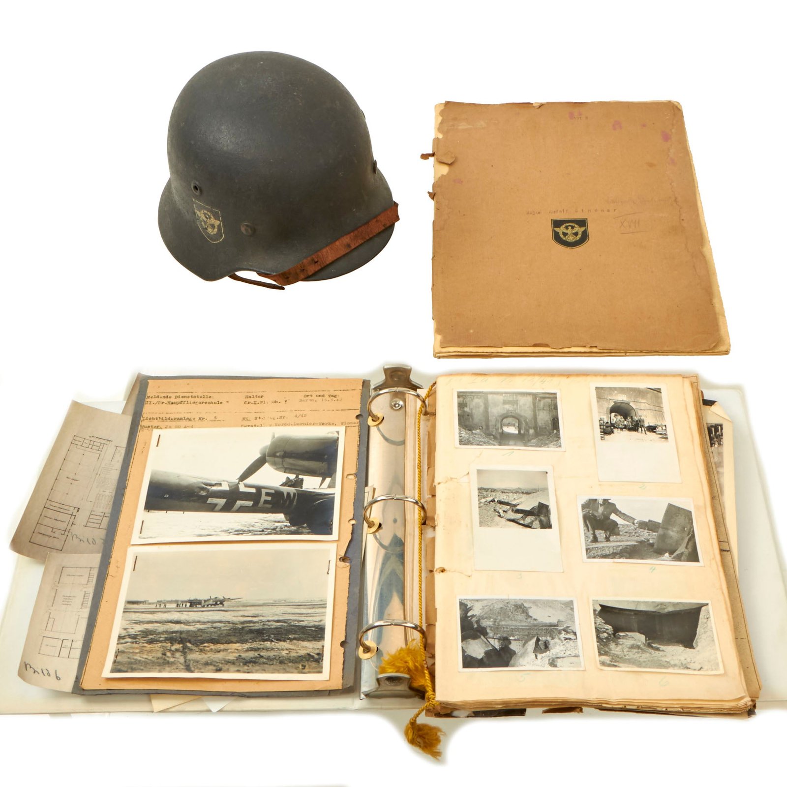 Buy Original German WWII Luftwaffe Police Inspector Major Rudolf Bindner Large Document and Photo Research Grouping with Luftwaffe Police Helmet | Original Firearms Antique For Sale