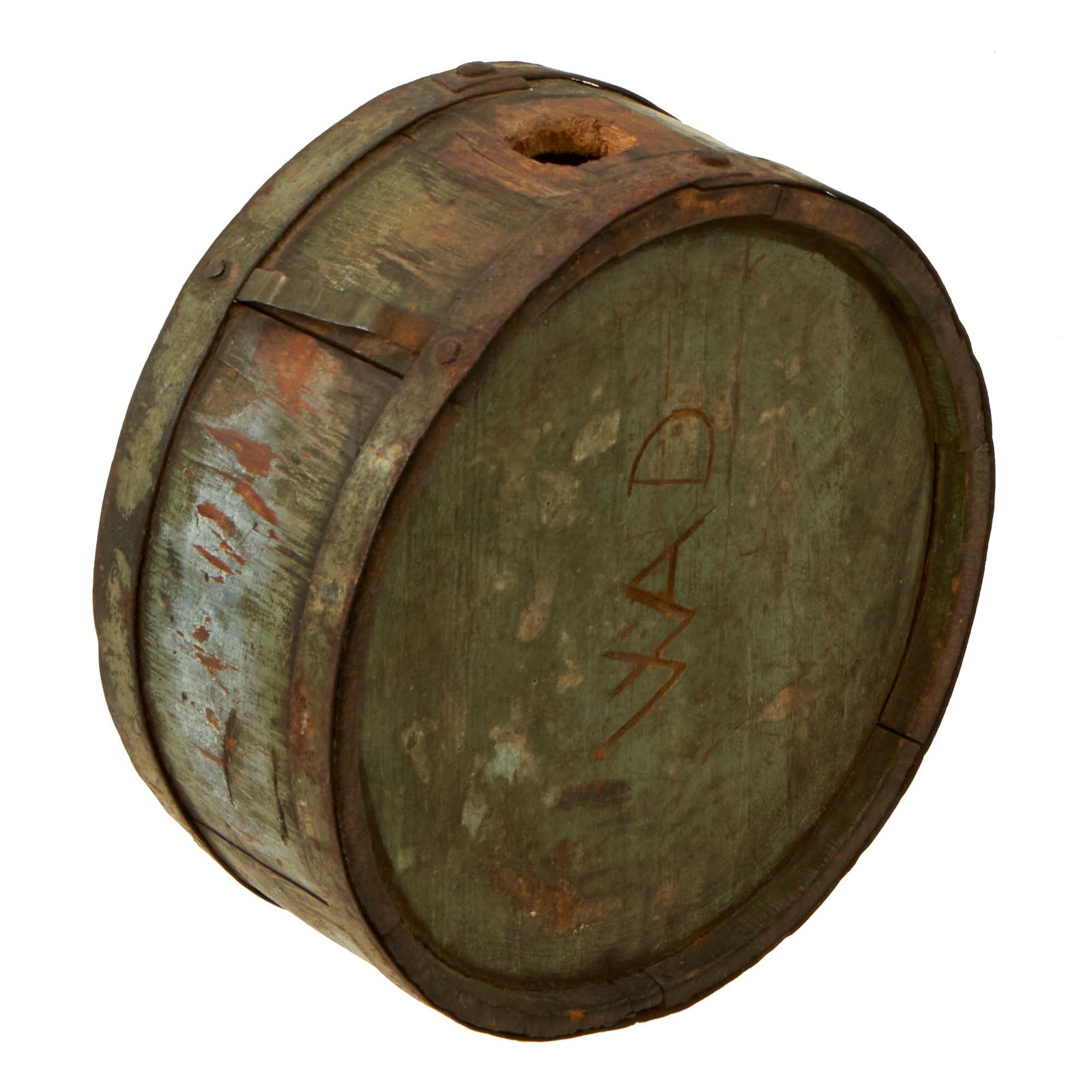 Buy Original U.S. War of 1812 Era Wooden & Iron Band Drum Canteen with Initials & Markings | Original Firearms Antique For Sale