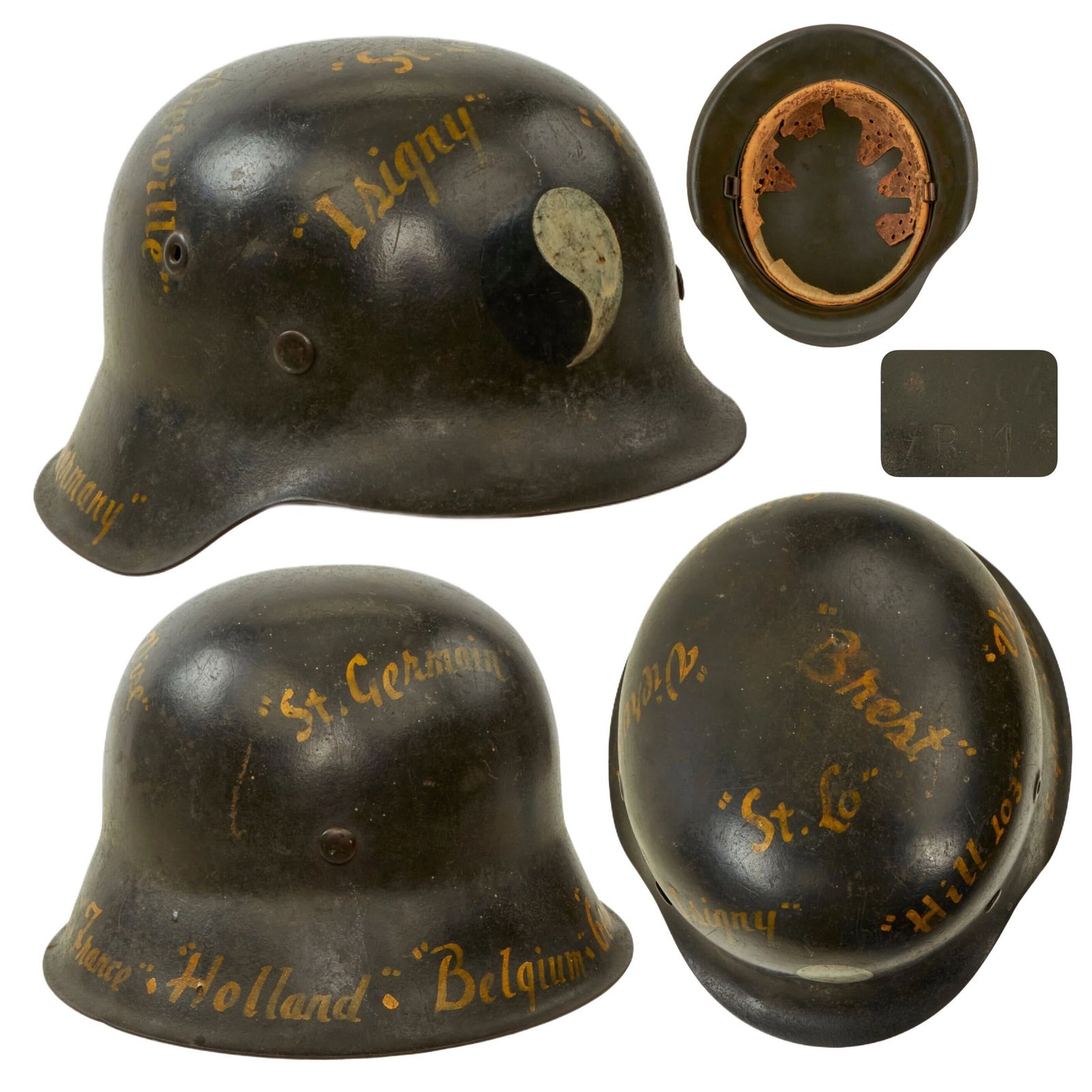 Buy Original WWII USGI Captured 29th Infantry Division Personalized D-Day Souvenir Painted German M42 Steel Helmet - Stamped NS64 | Original Firearms Antique For Sale