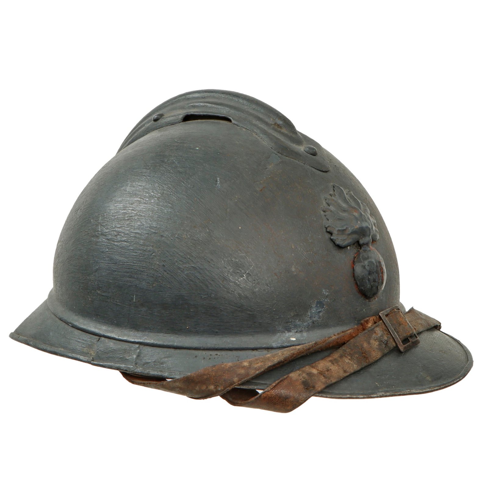 Original French WWI Issue Model 1915 Infantry Adrian Helmet in Horizon Blue with Scarce 1st Pattern Liner & Chinstrap