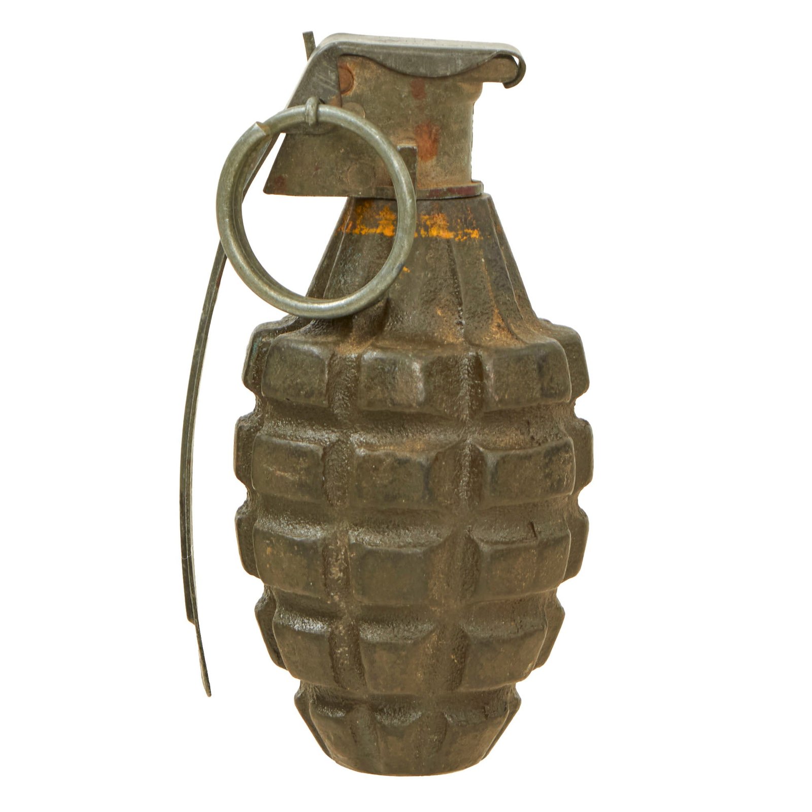 Buy Original U.S. WWII Inert MkII Pineapple Grenade with Yellow Ring with M200A1 Fuze | Original Firearms Antique For Sale