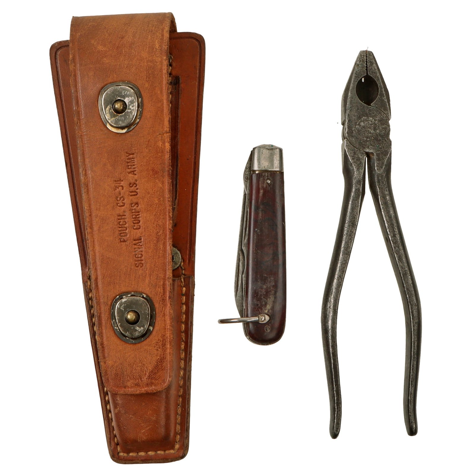 Original U.S. WWII US Army Signal Corps Lineman’s Tool Set With CS-34 Leather Pouch, TL-29 Pocket Knife and Utica Tools 50 7 Pliers