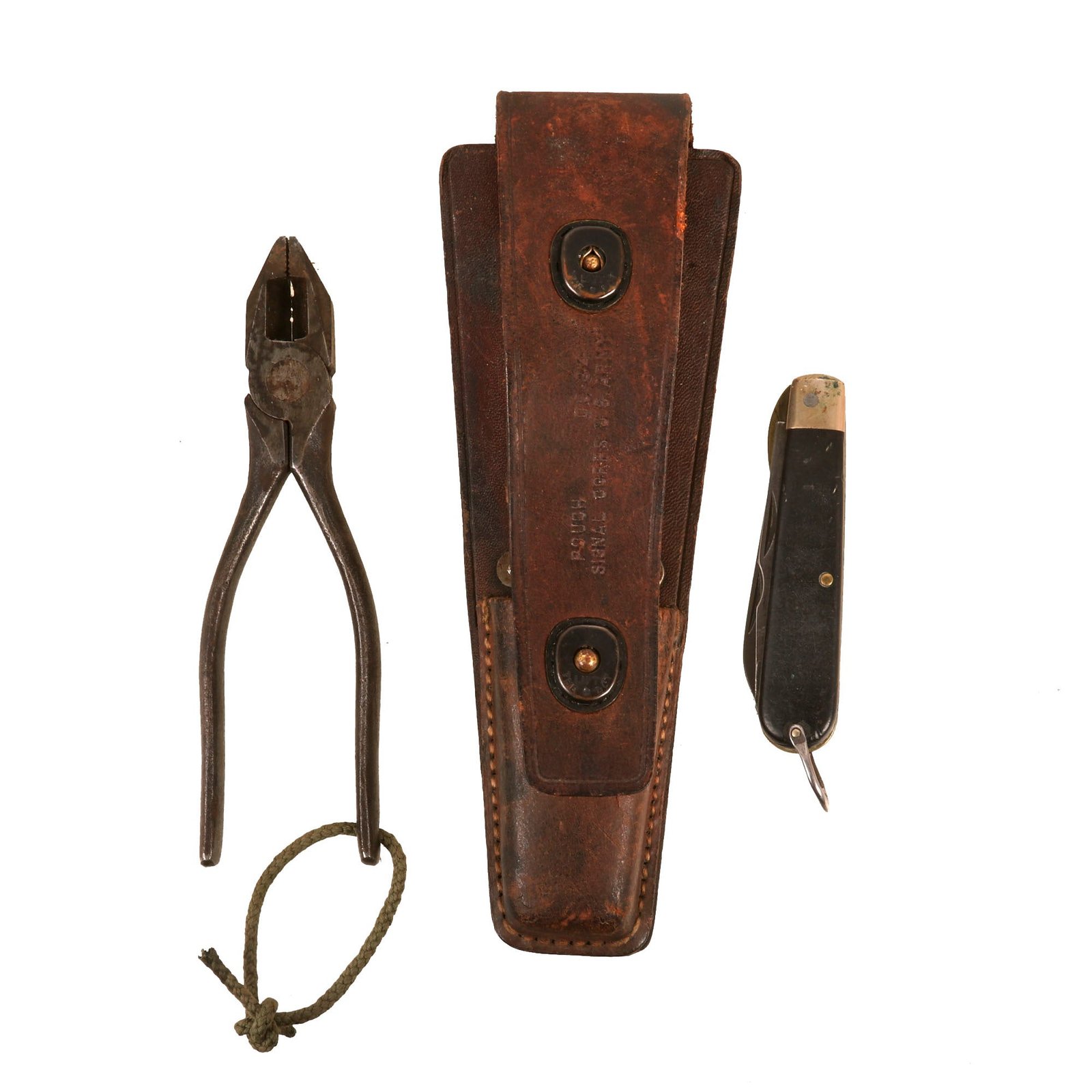 Buy Original U.S. WWII US Army Signal Corps Lineman’s Tool Set With CS-34 Leather Pouch, TL-29 Pocket Knife and TL-13 Pliers | Original Firearms Antique For Sale