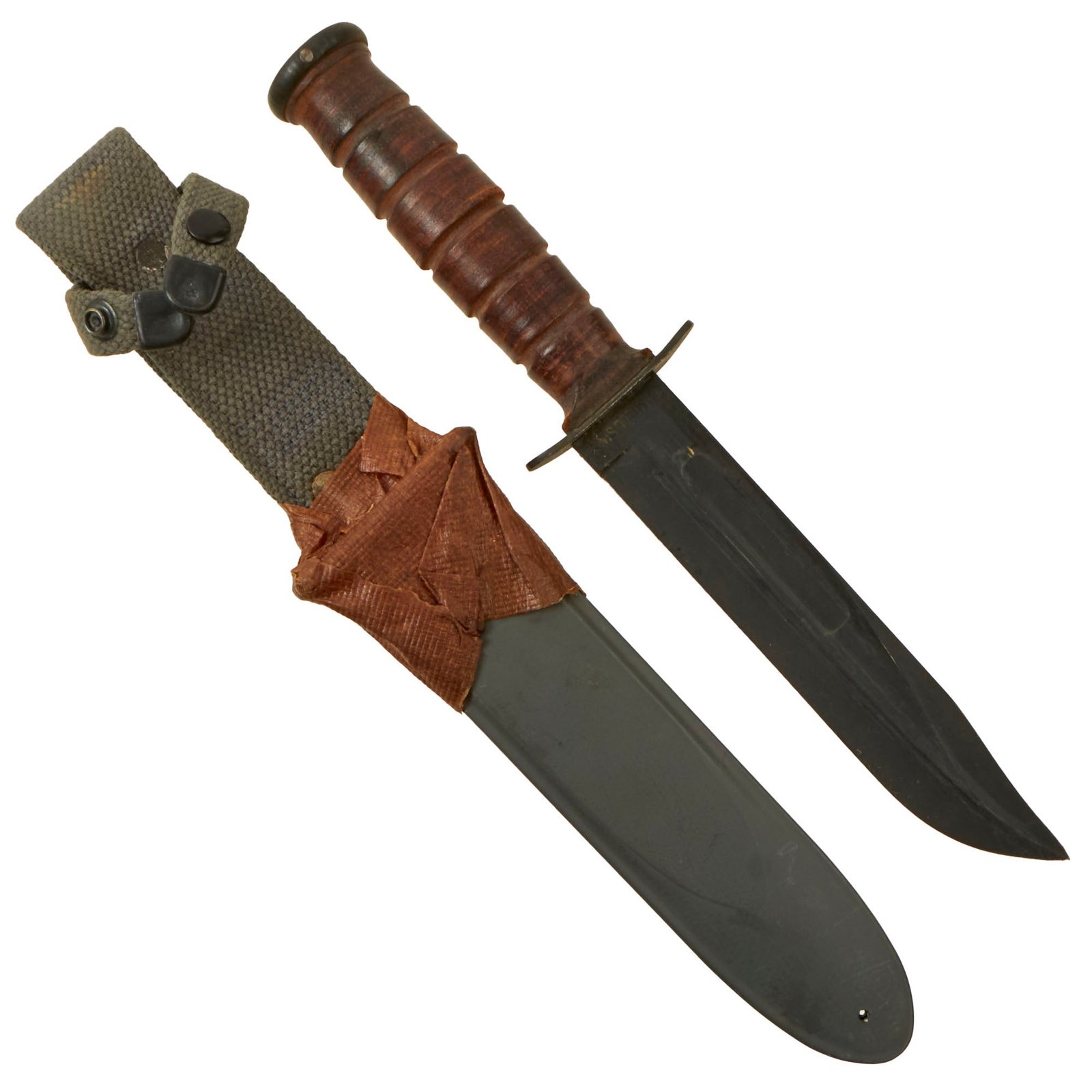 Buy Original U.S. WWII Late War Navy Mark 2 KA-BAR Fighting Knife by CAMILLUS with U.S.N. MK2 Scabbard with Wrapping - Unissued | Original Firearms Antique For Sale
