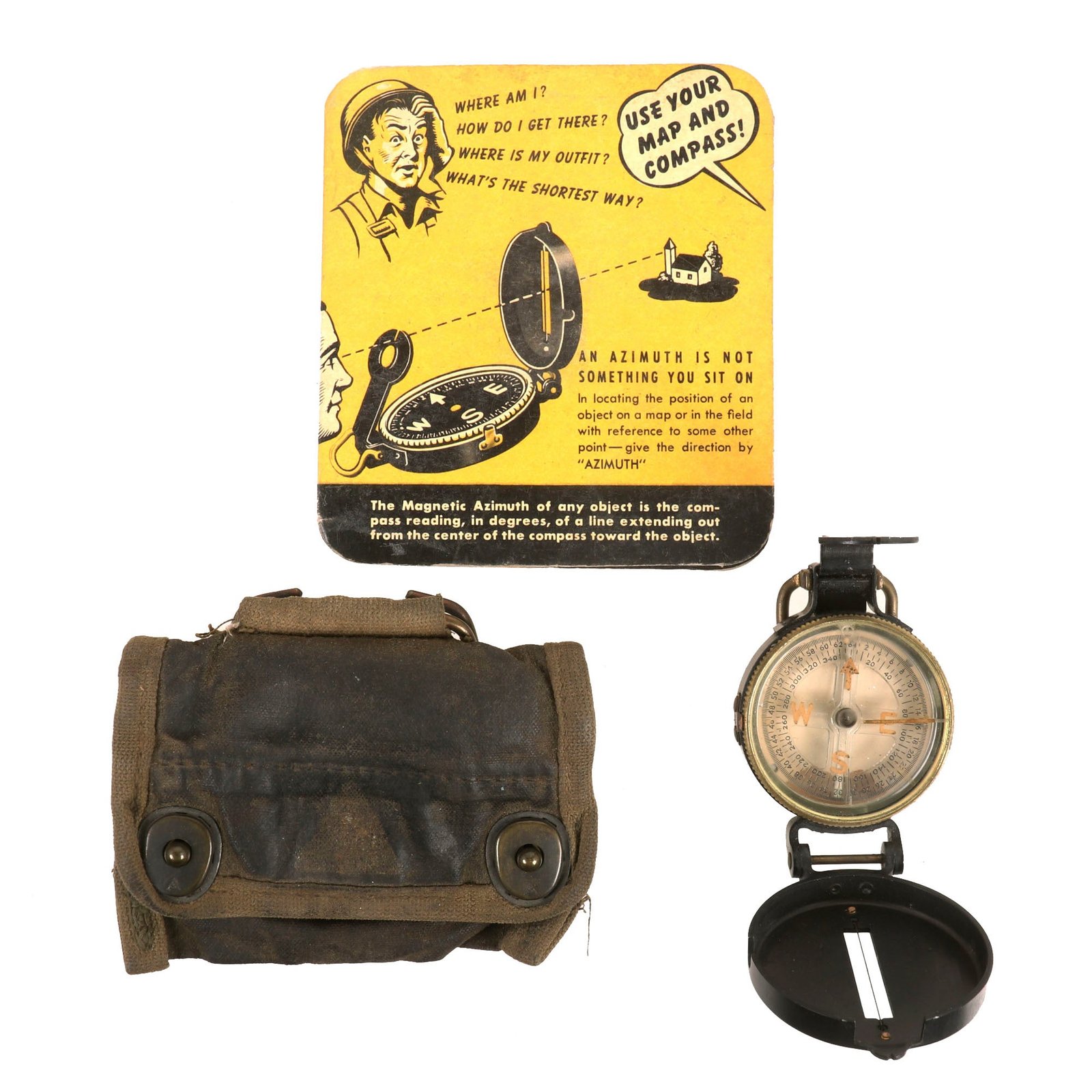 Buy Original U.S. WWII US Army M1938 Lensatic Compass By Superior Magneto Co. With Pouch & Training Aid | Original Firearms Antique For Sale
