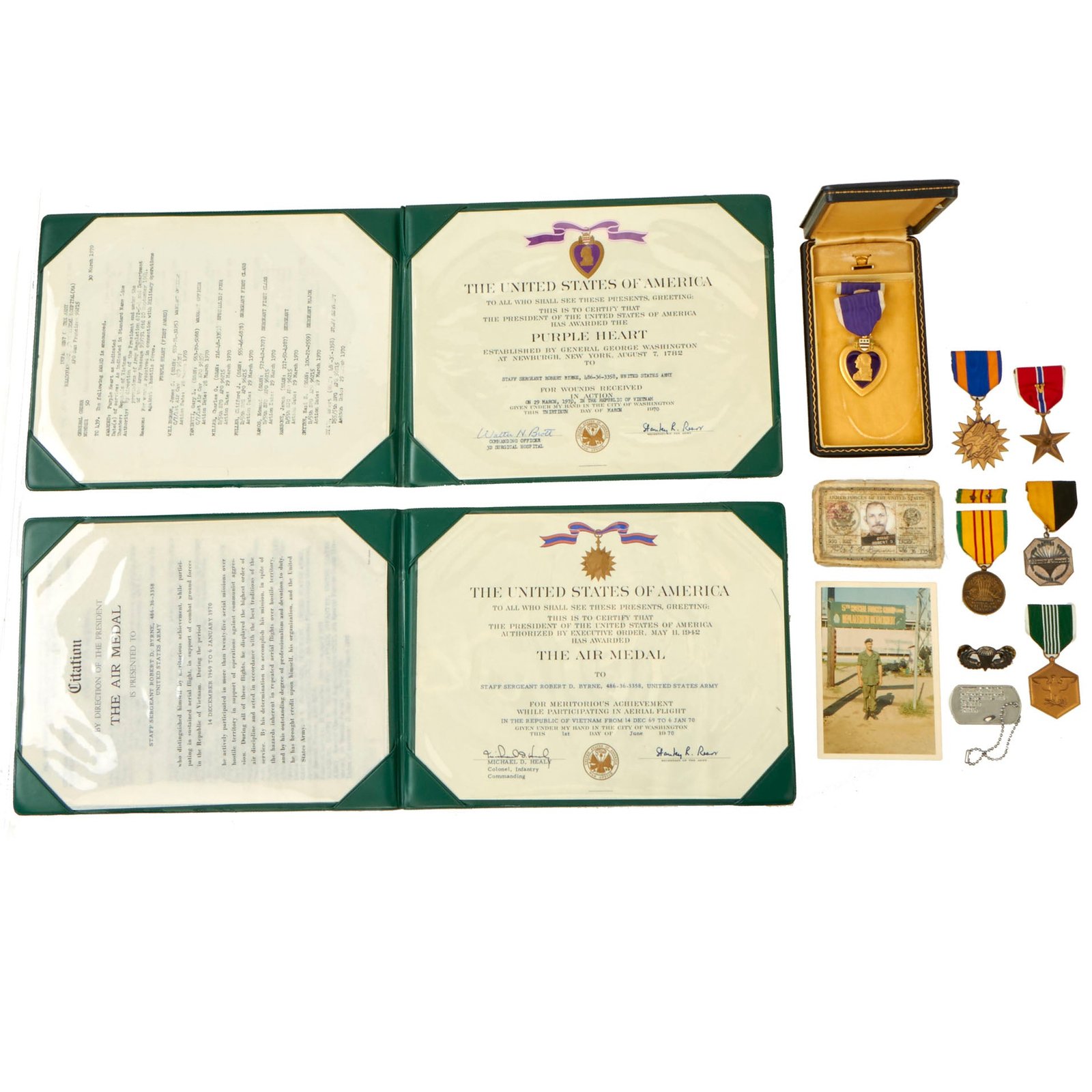 Buy Original U.S. Vietnam War 5th Special Forces Group Engraved Purple Heart, Air Medal, & Bronze Star Grouping with Service Record, Certificates & Armed Forces Card - Robert Dean Byrne | Original Firearms Antique For Sale