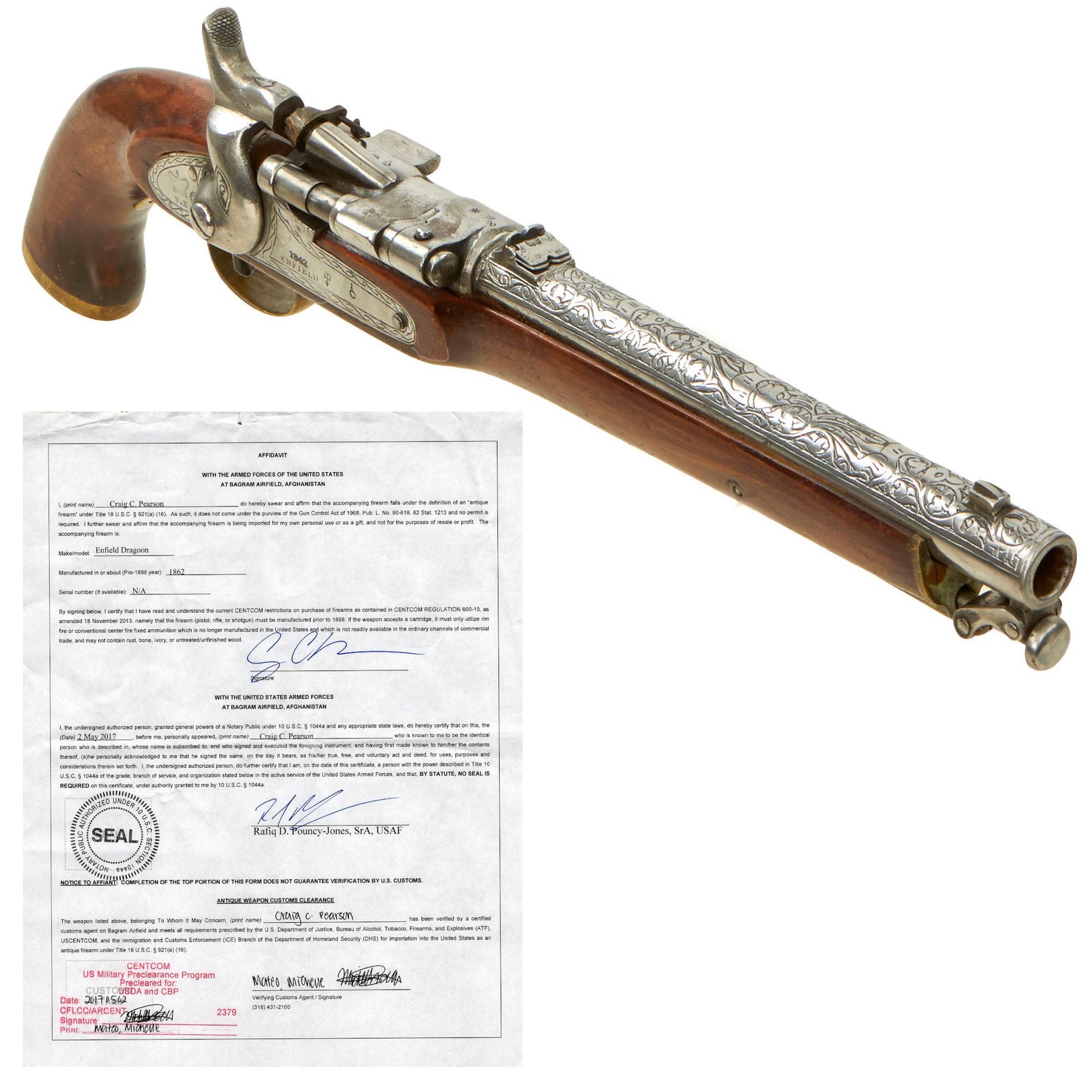 Buy Original British P-1853 Enfield 3-Band Rifle Converted to Engraved Snider Mk.II* Pistol Dated 1862 - Documented USGI Afghanistan Bring Back | Original Firearms Antique For Sale