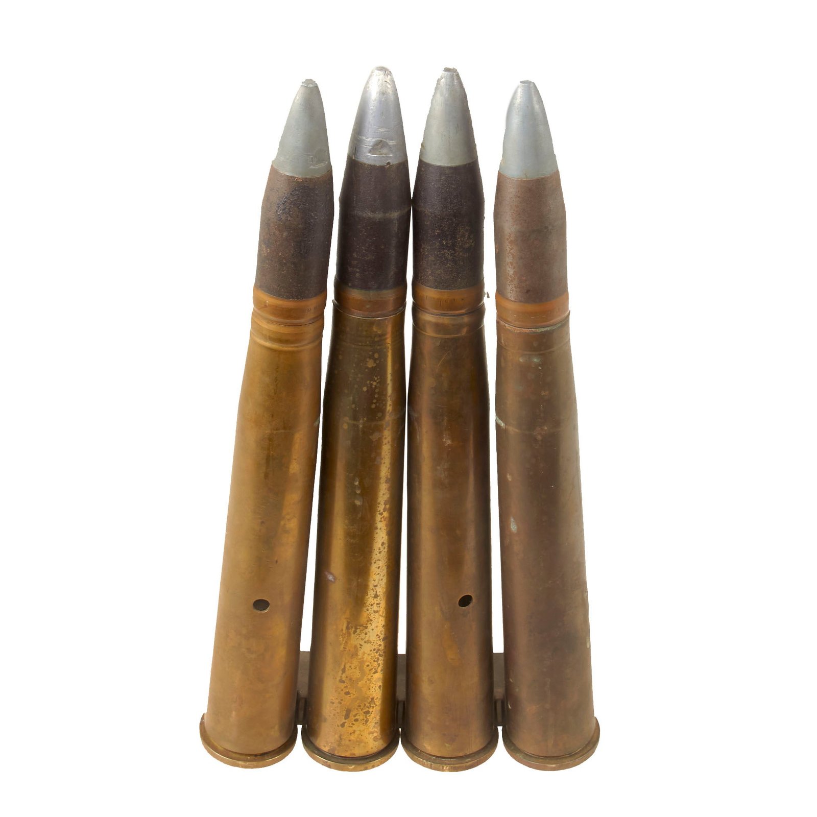 Buy Original U.S. WWII Set of Four 1942 & 1943 Dated 40mm Bofors Gun Rounds with Original 1945-Dated Clip - Inert | Original Firearms Antique For Sale
