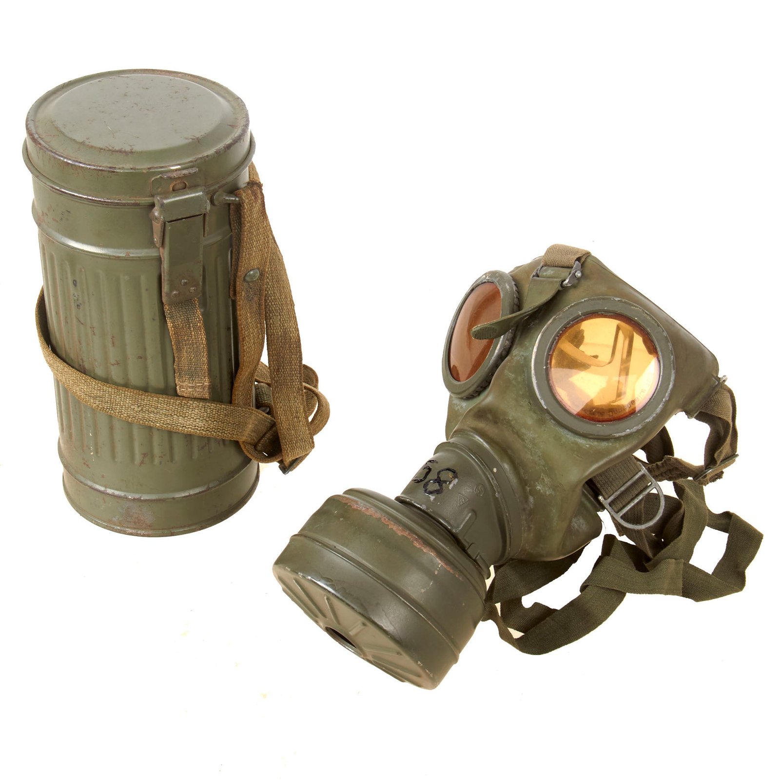 Original German WWII M38 Size 2 Gas Mask with Fe 41 Filter and Canister - Dated 1936 & 1940