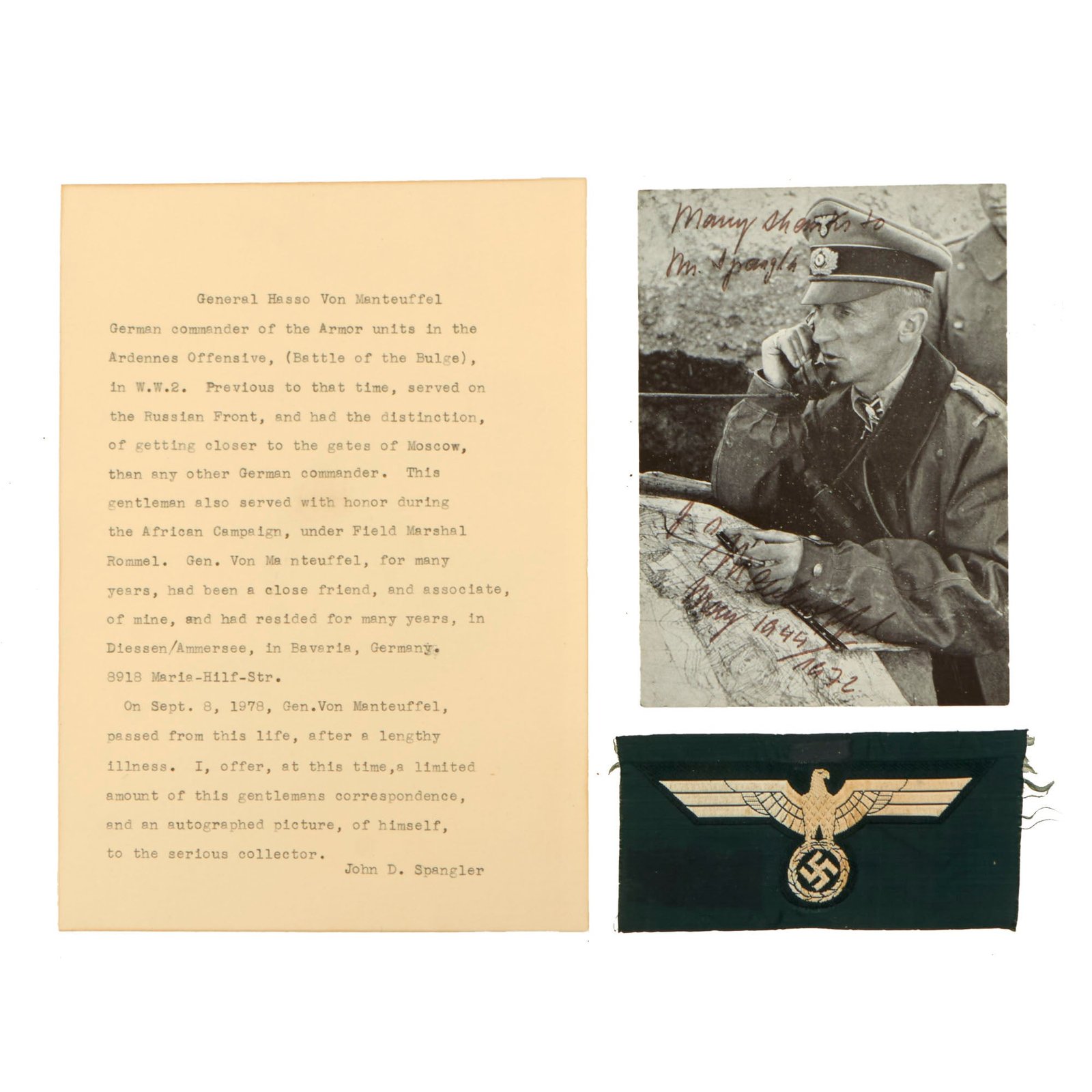 Buy Original Signed Photo of German WWII General der Panzertruppe Hasso von Manteuffel with Letter of Provenance and BeVO Breast Eagle | Original Firearms Antique For Sale
