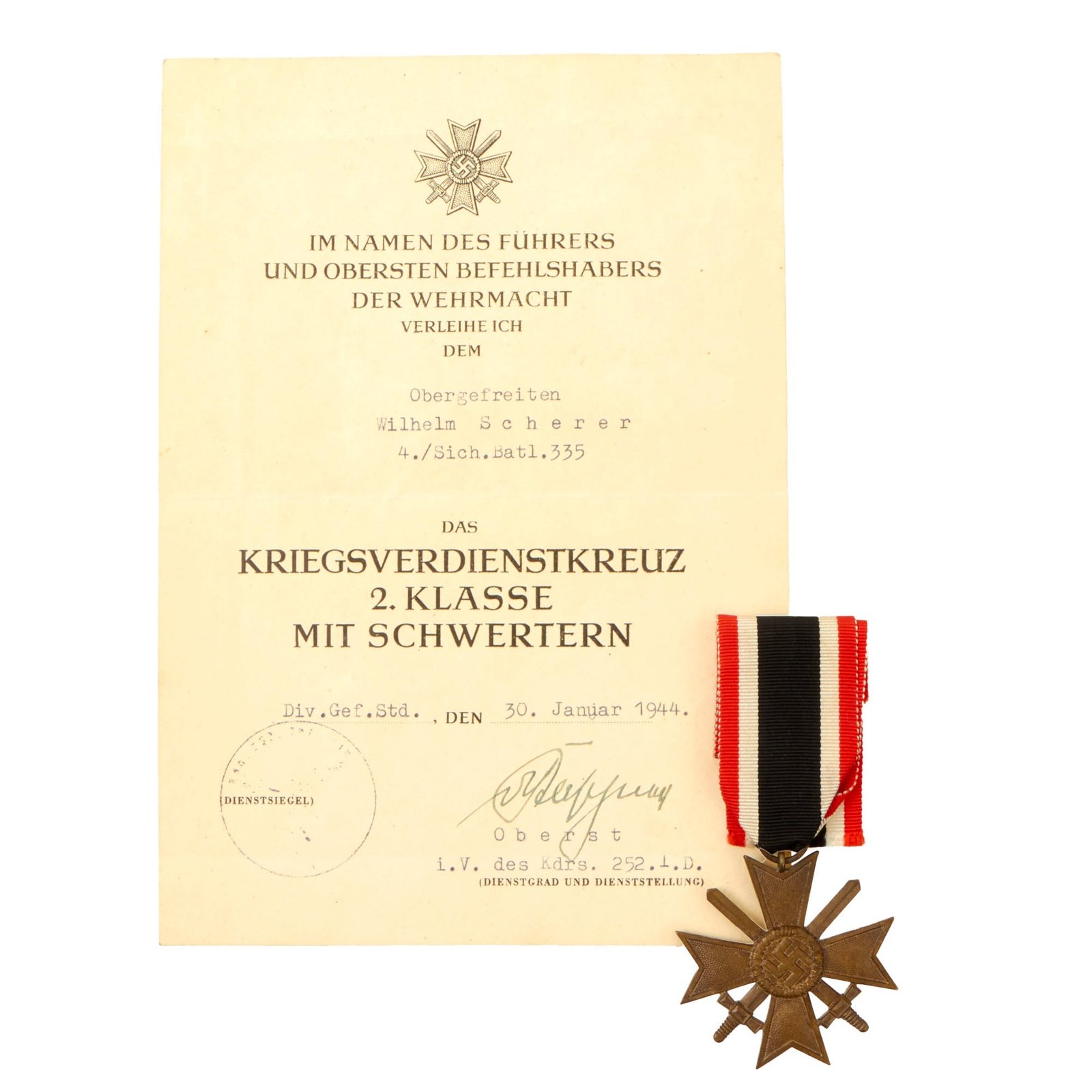 Buy Original German WWII War Merit Cross 2nd Class with Swords by Deschler & Sohn with Named Award Document - KvKII | Original Firearms Antique For Sale