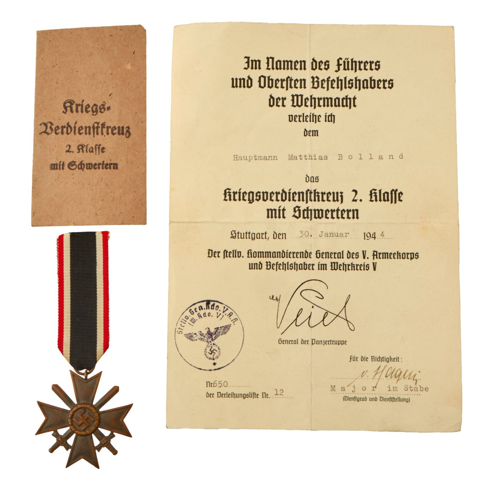Buy Original German WWII War Merit Cross 2nd Class with Swords by Robert Hauschild with Named Award Document and Packet - KvKII | Original Firearms Antique For Sale