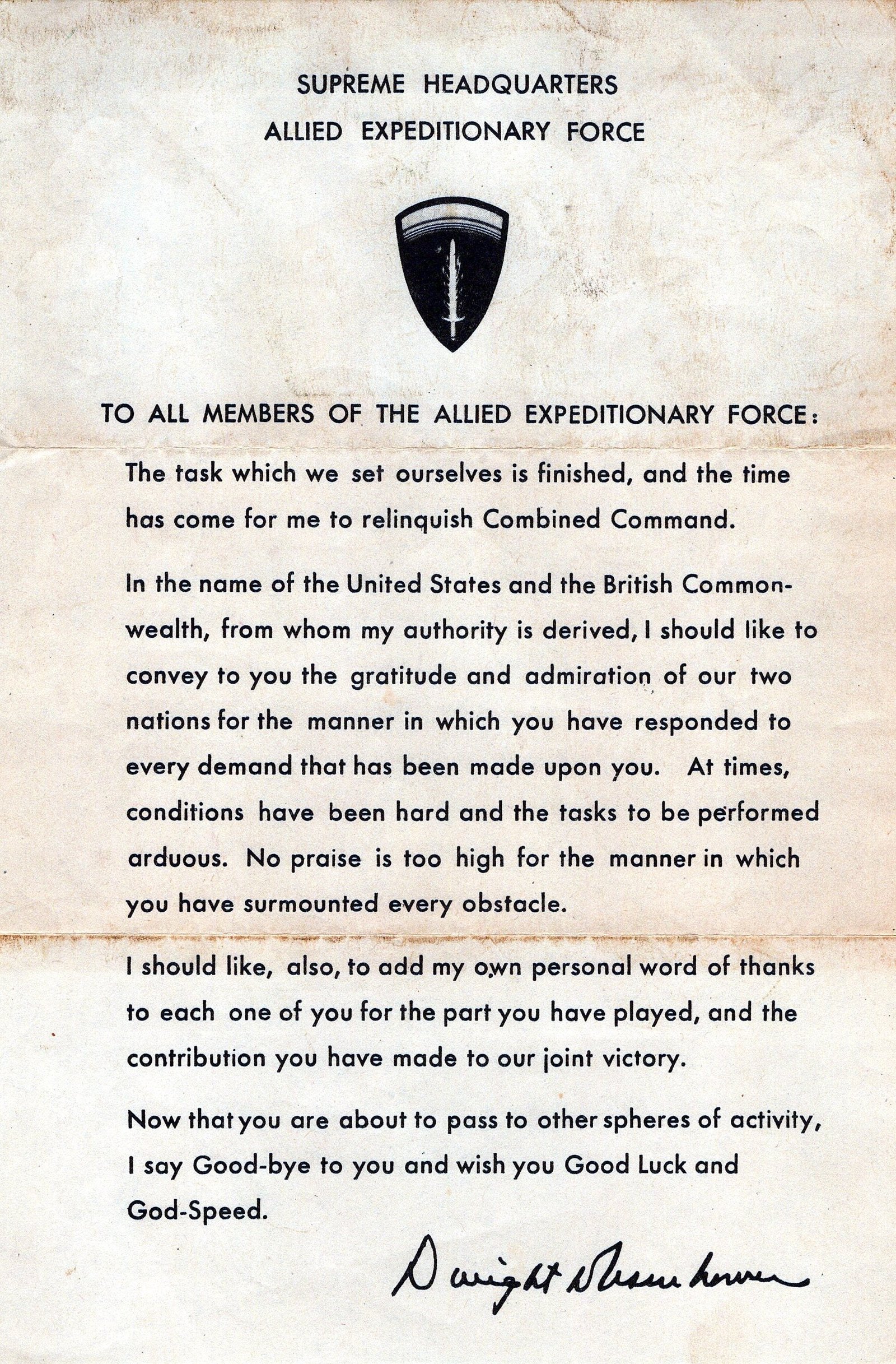 Buy Original U.S. WWII SHAEF Eisenhower Letter Sent to the Troops After D-Day | Original Firearms Antique For Sale
