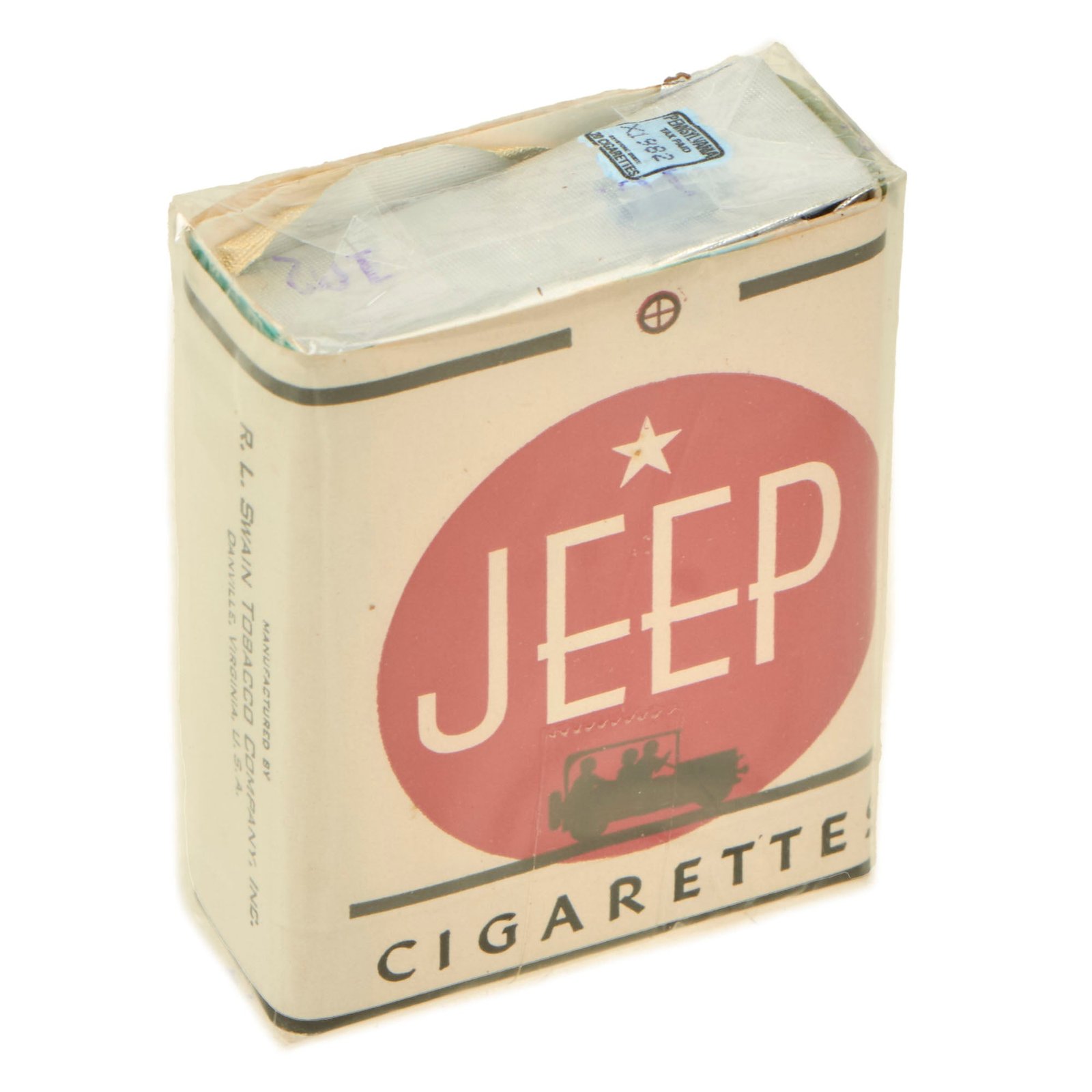 Buy Original U.S. WWII Jeep Brand Cigarette Wrapper with Pennsylvania Tax Stamp - Filled for Display | Original Firearms Antique For Sale