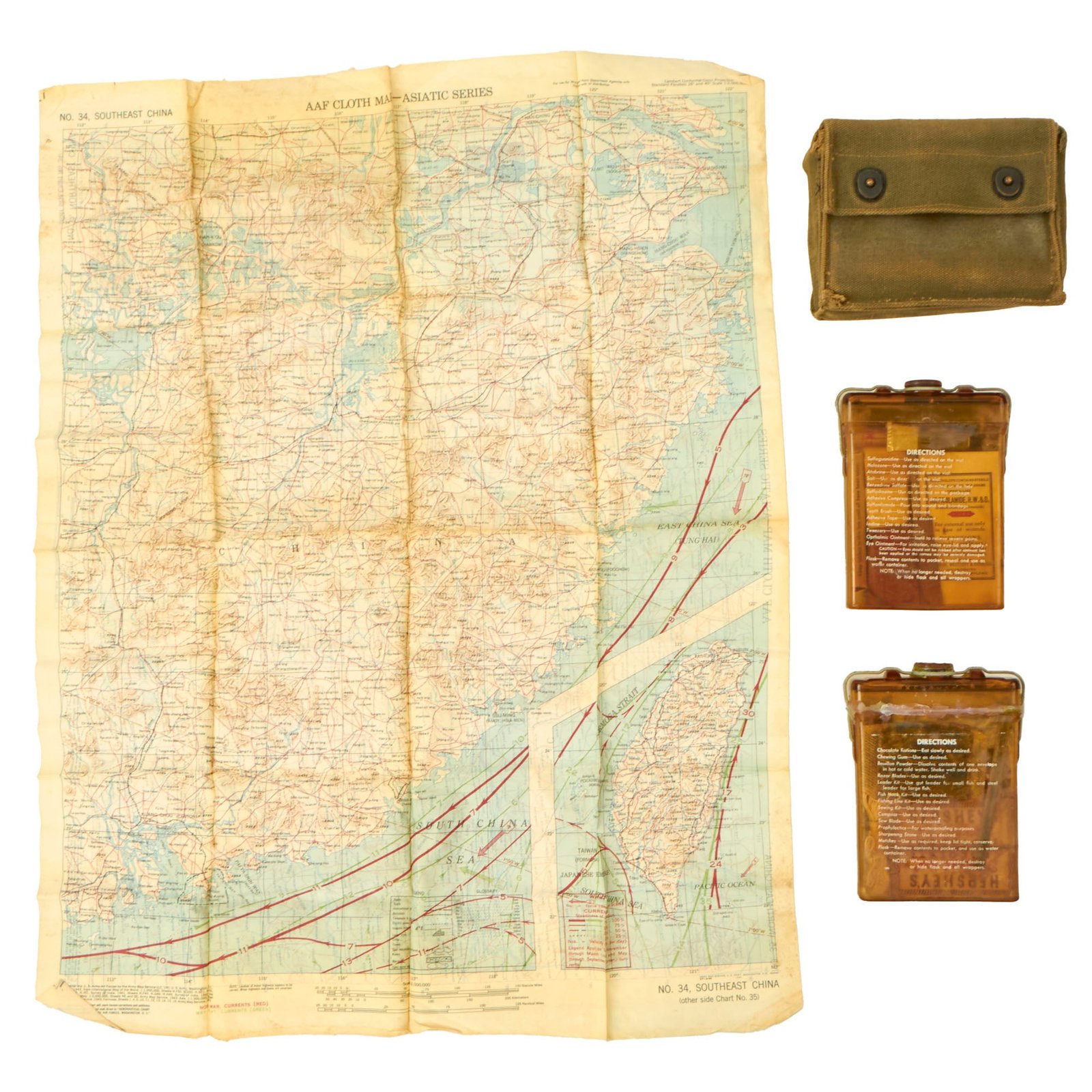 Buy Original U.S. WWII Army Air Corps Emergency Sustenance Type E-17 Kit in Carrier with AAF Cloth Map of China | Original Firearms Antique For Sale