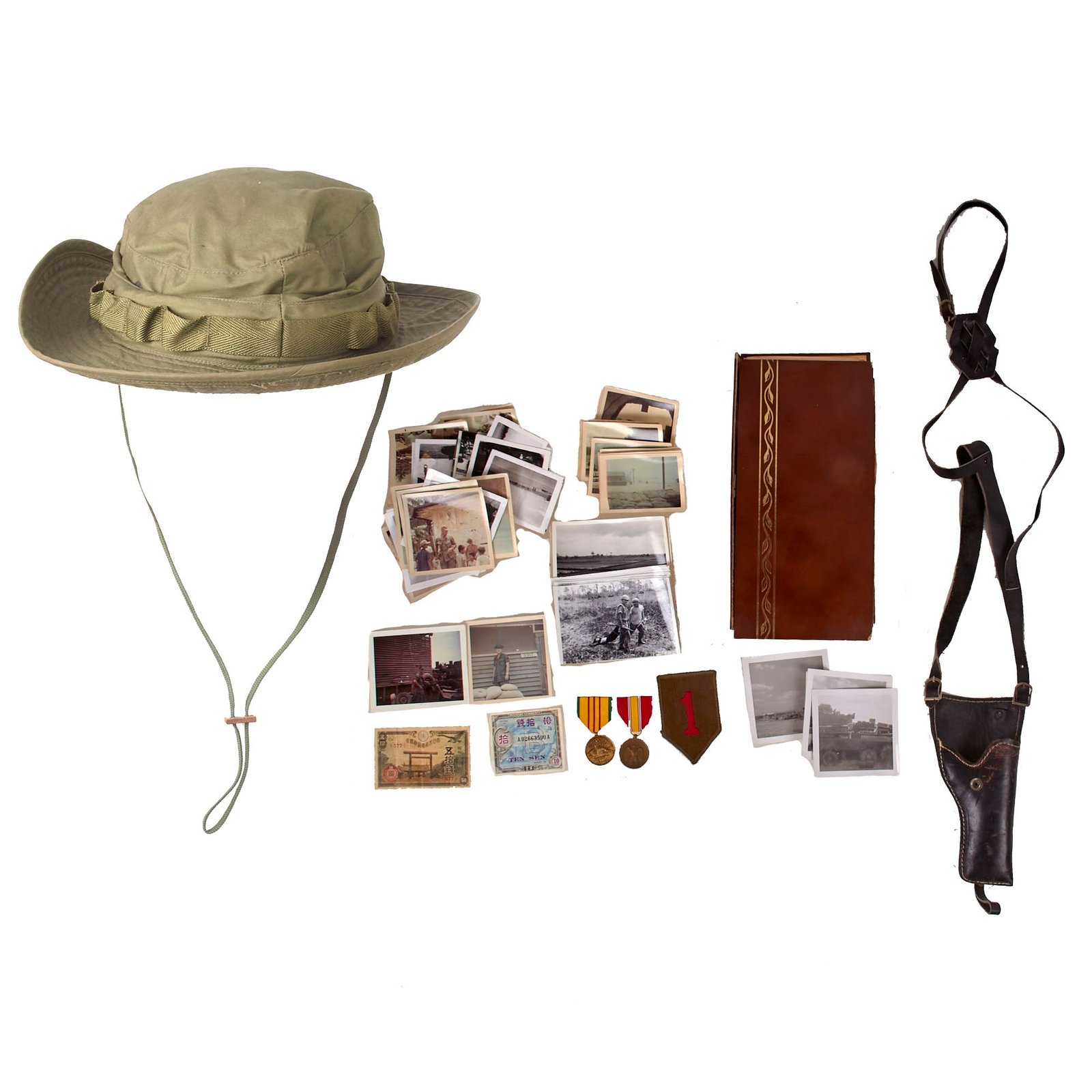 Buy Original U.S. Vietnam Was 1st Infantry Division Boonie Hat & Incountry-Made Holster Group with Graphic Photos - SP5 Kim McNeely | Original Firearms Antique For Sale