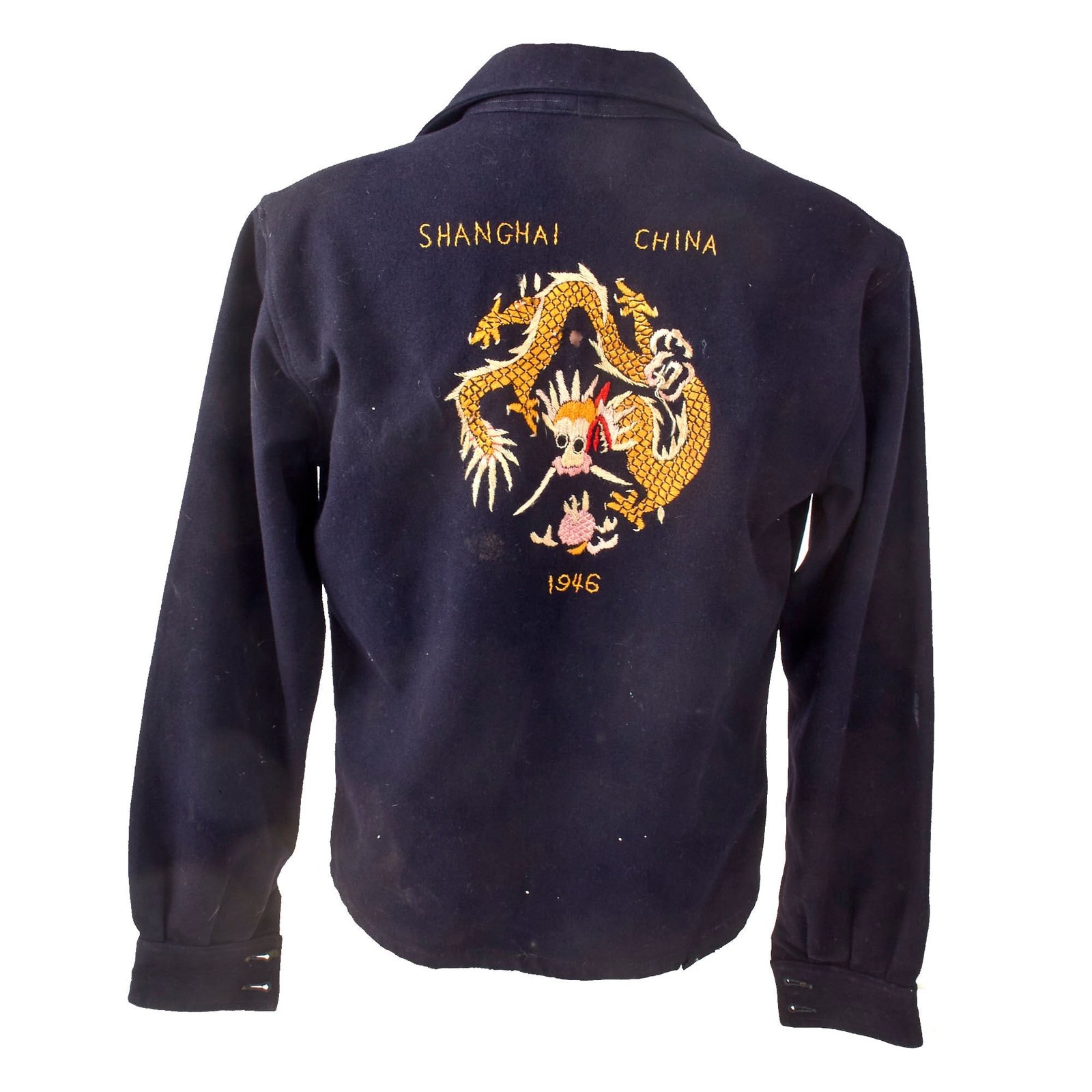 Original U.S. WWII US Navy Chief Petty Officer Shirt Custom Tailored As A Souvenir Jacket With Extensive Chinese Dragon Embroidery - Dated 1946