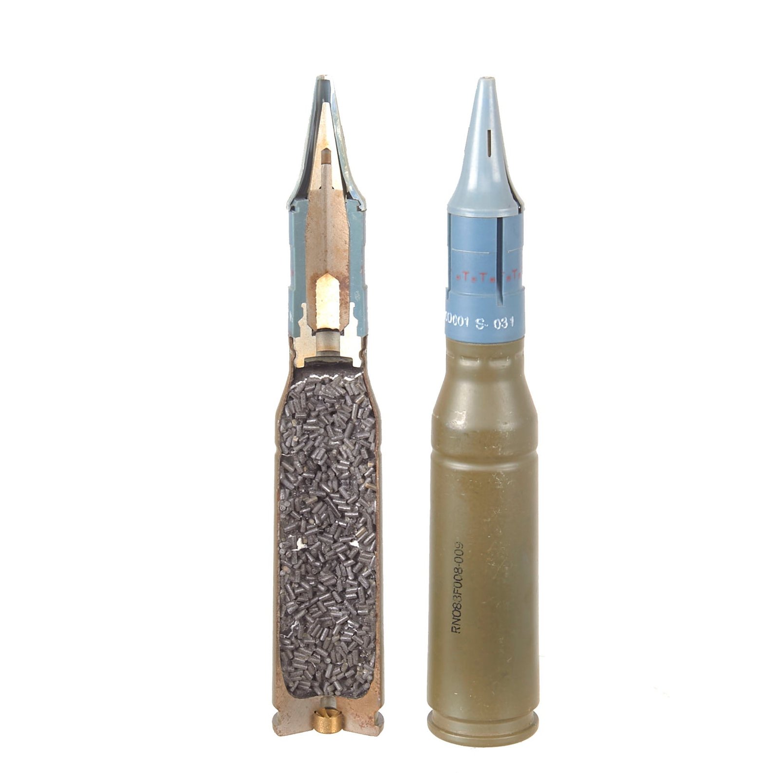 Buy Original U.S. Cold War Era Inert 25mm TPDS-T M910 Round Set with Cutaway & Complete Example | Original Firearms Antique For Sale