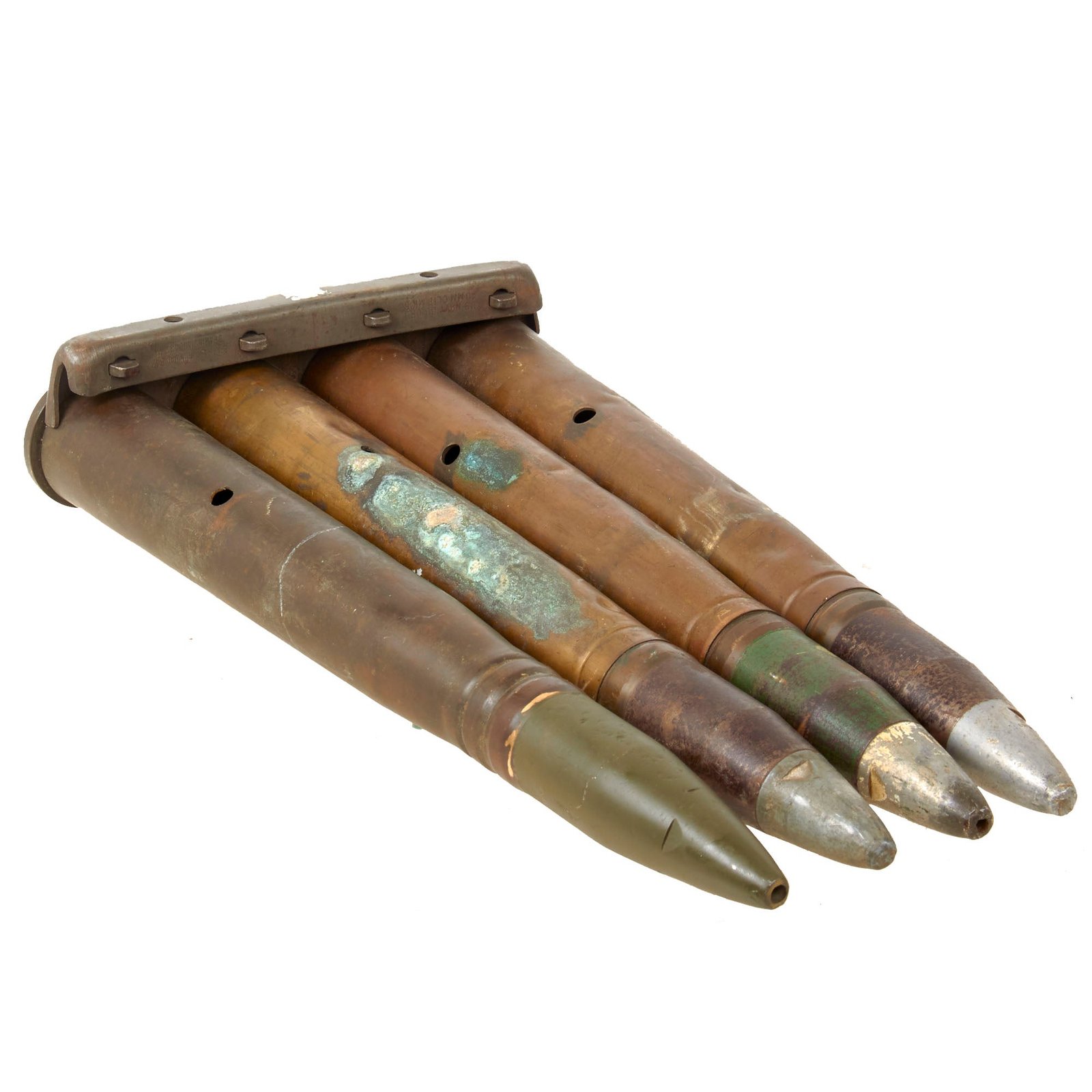 Buy Original U.S. WWII Set of Four 1942 Dated 40mm Bofors Gun Rounds with Original Clip - Inert | Original Firearms Antique For Sale
