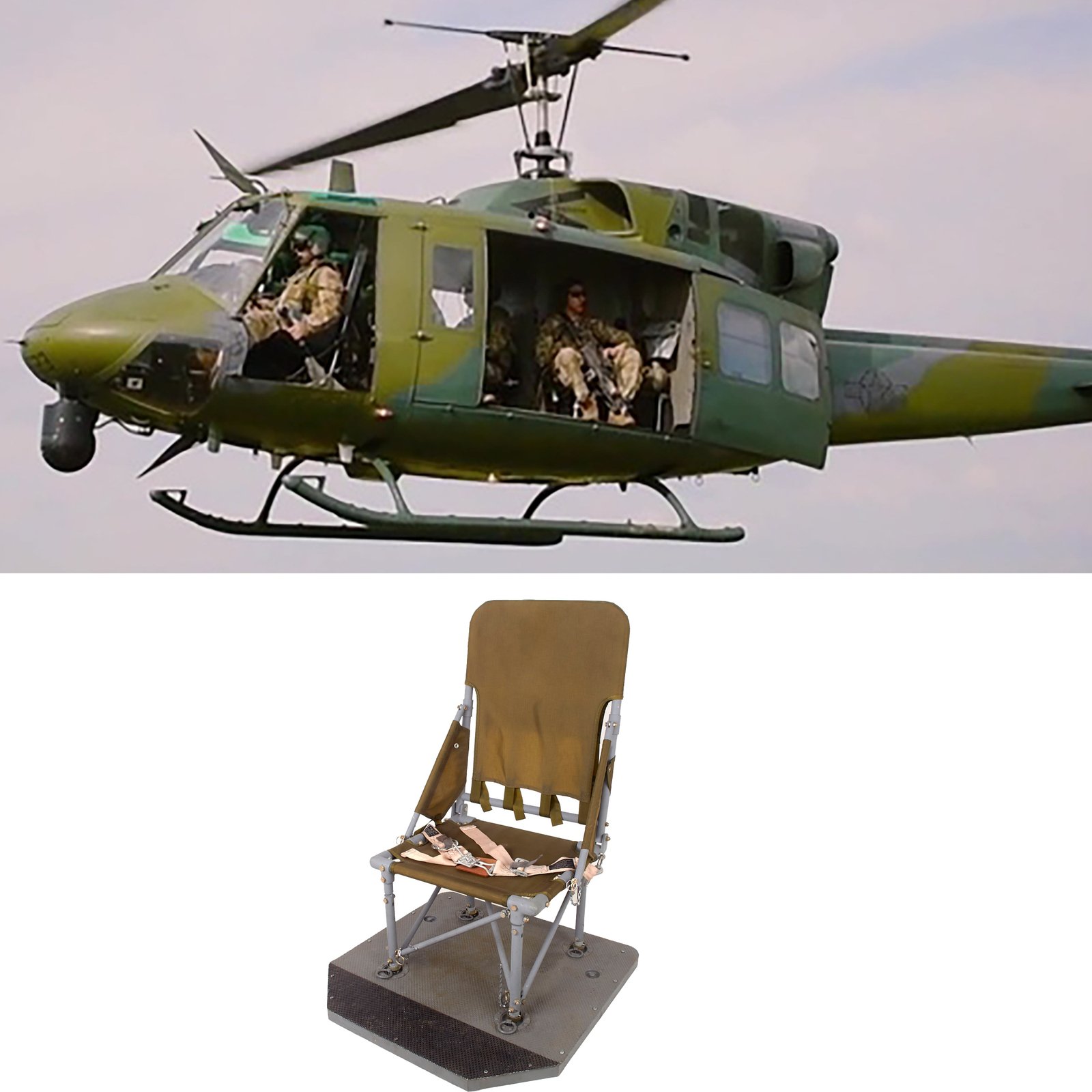 Buy Original Vietnam War Era Bell UH-1 Iroquois “Huey” Helicopter Crew Chief Seat with Correct Safety Belts Type C-3A & Base | Original Firearms Antique For Sale