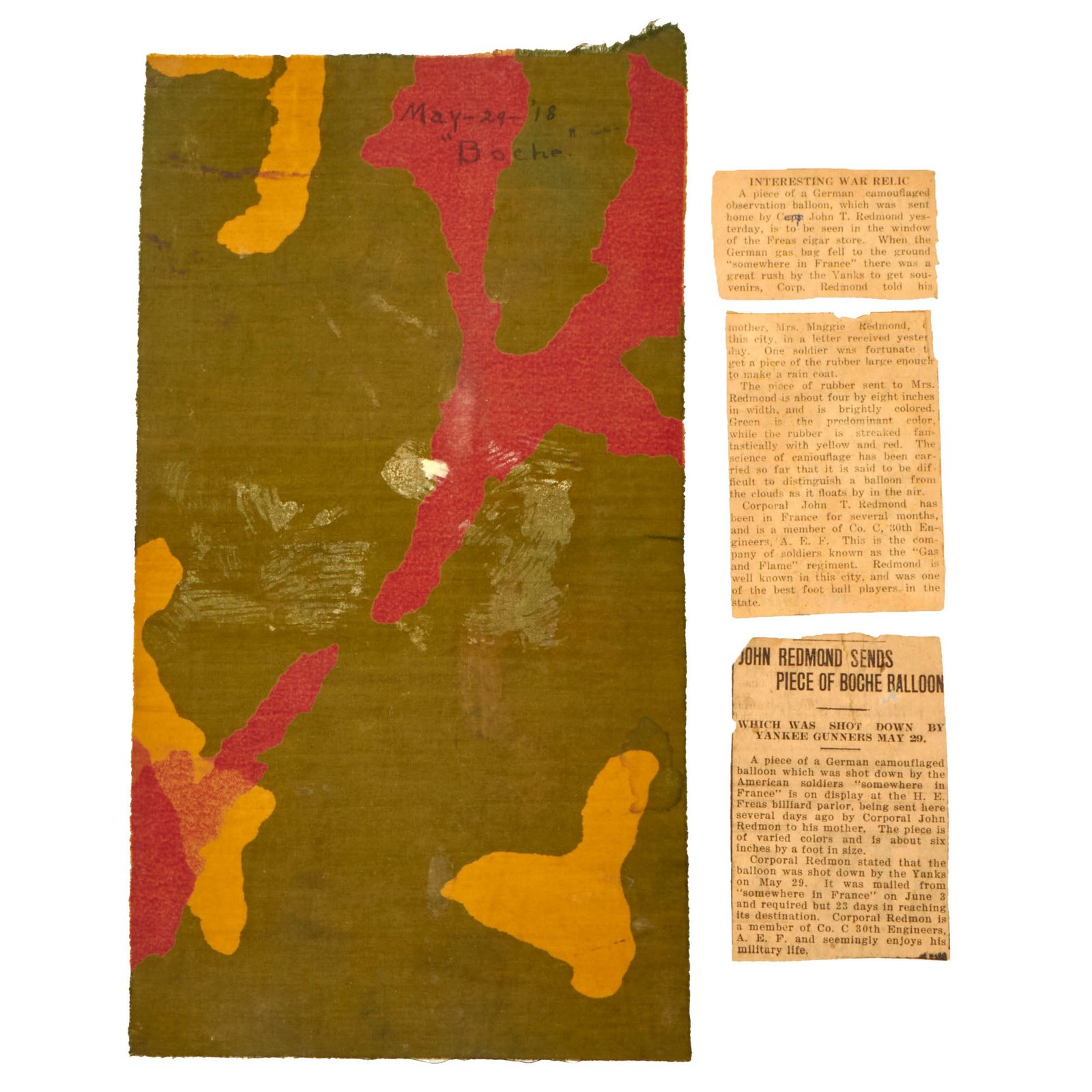 Buy Original U.S. WWI Captured German Observation Balloon Fabric Sent Home by 1st Gas & Flame Soldier with Amazing Provenance - Croix de Guerre Recipient Sergeant First Class John Redmon | Original Firearms Antique For Sale