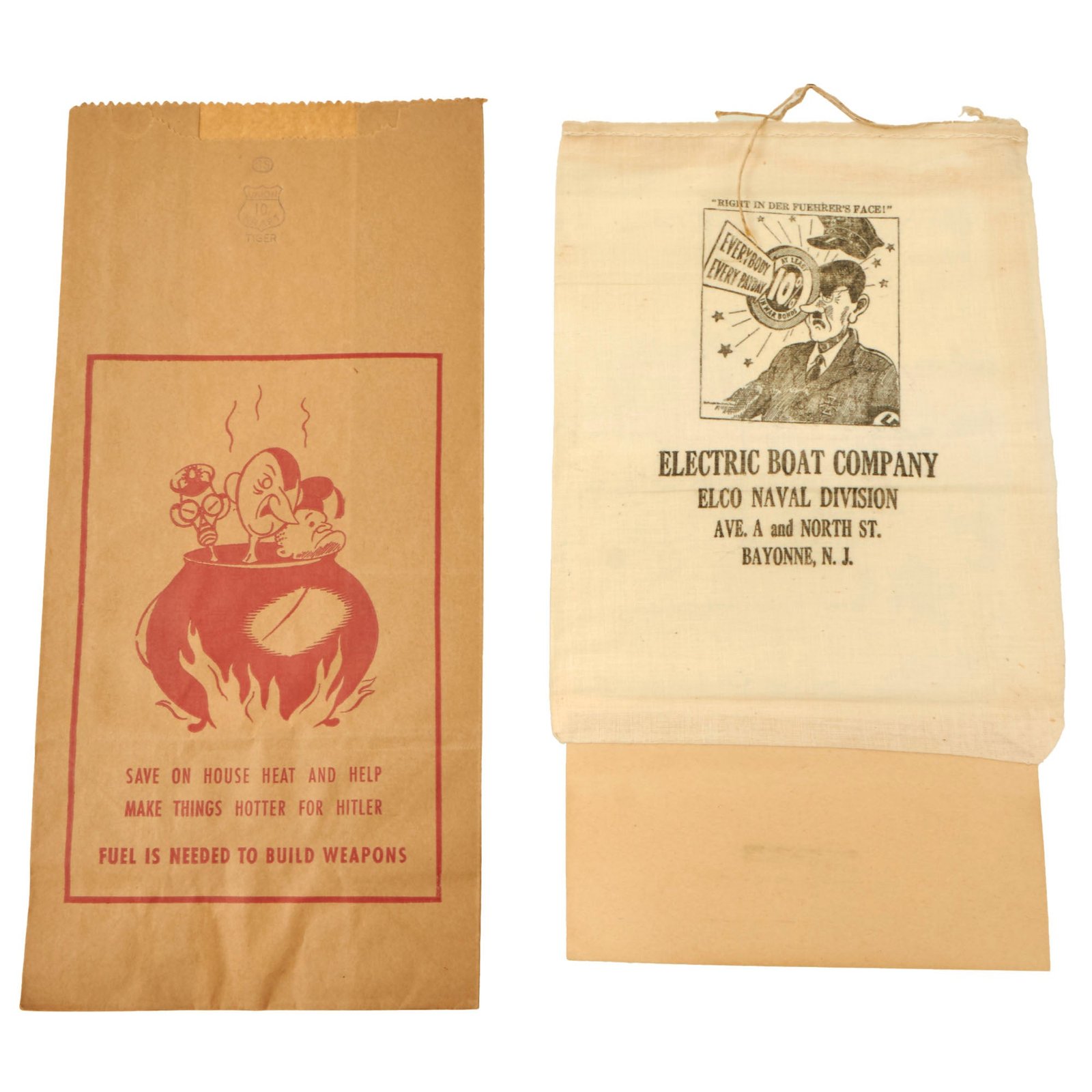 Buy Original U.S. WWII Anti-Axis Propaganda Set - Fuel is Needed to Build Weapons Bag & Electric Boat Company Bag - Lot of 2 | Original Firearms Antique For Sale