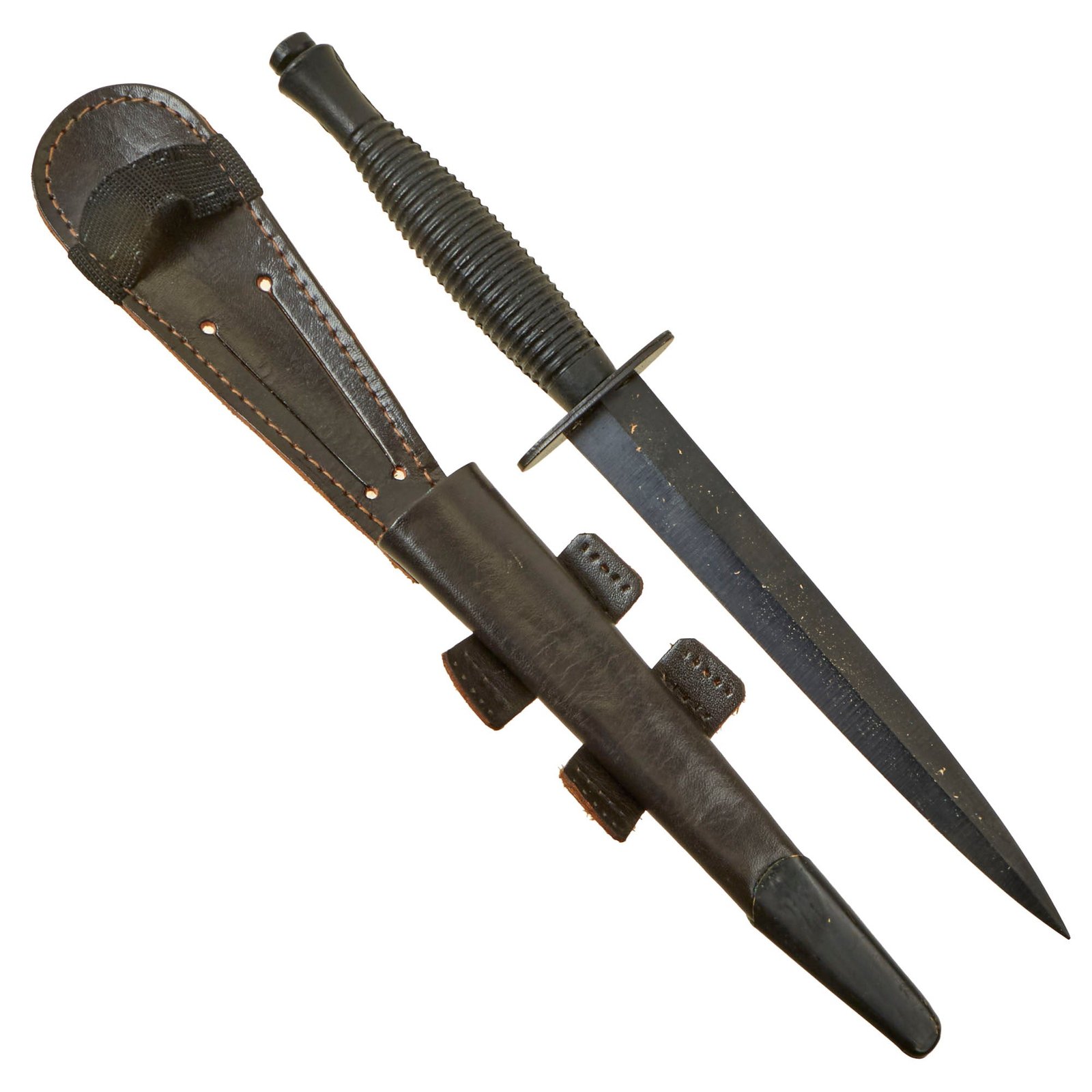 Buy Original British Falkland War Era NATO Fairbairn Sykes Fighting Knife with Leather Scabbard - Marked Sheffield England - Dated 1976 | Original Firearms Antique For Sale