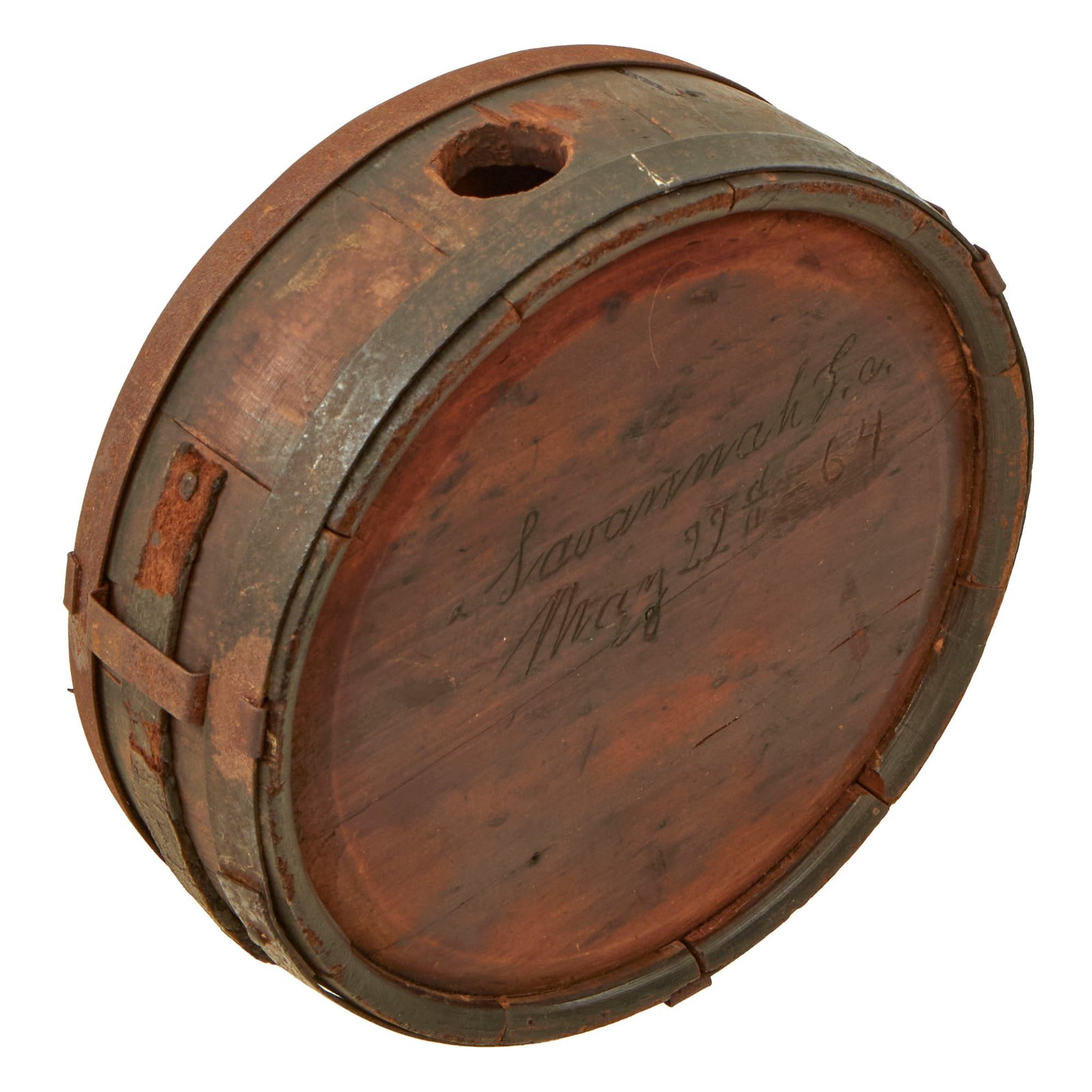 Buy Original U.S. Civil War Rare Confederate Issue “Gardner” Pattern Wooden Drum Canteen with Federal Savannah 1864 Capture Marking & Remnants of Leather Carry Strap | Original Firearms Antique For Sale