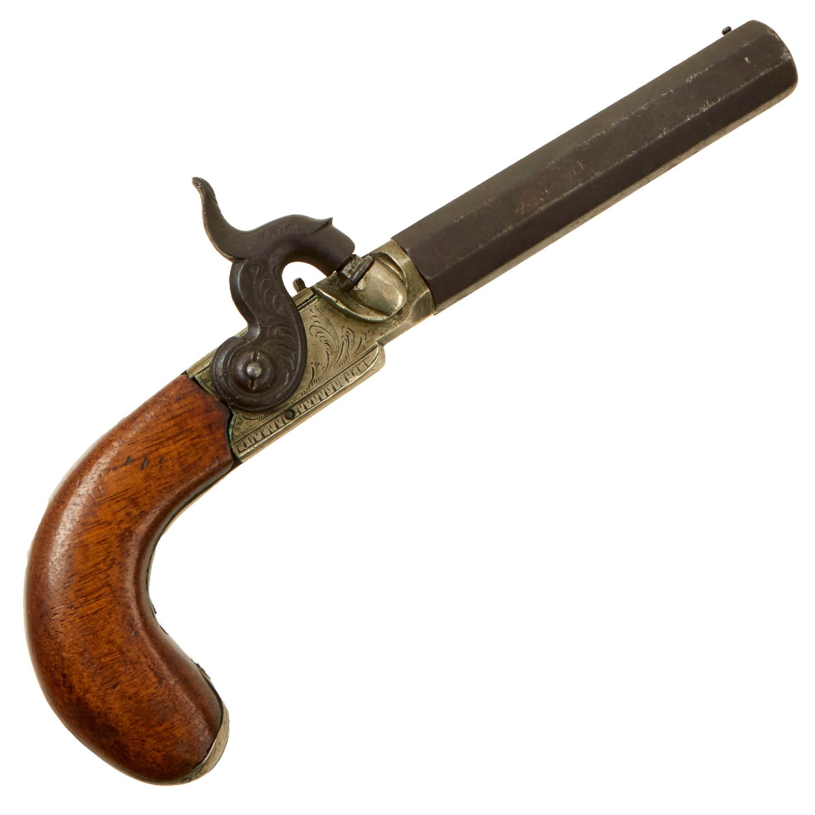 Buy Original British Victorian Nickel Silver Frame Percussion Vest Pocket Pistol with Turn Off Barrel, Belt Hook, and Fold-out Trigger - circa 1845 | Original Firearms Antique For Sale