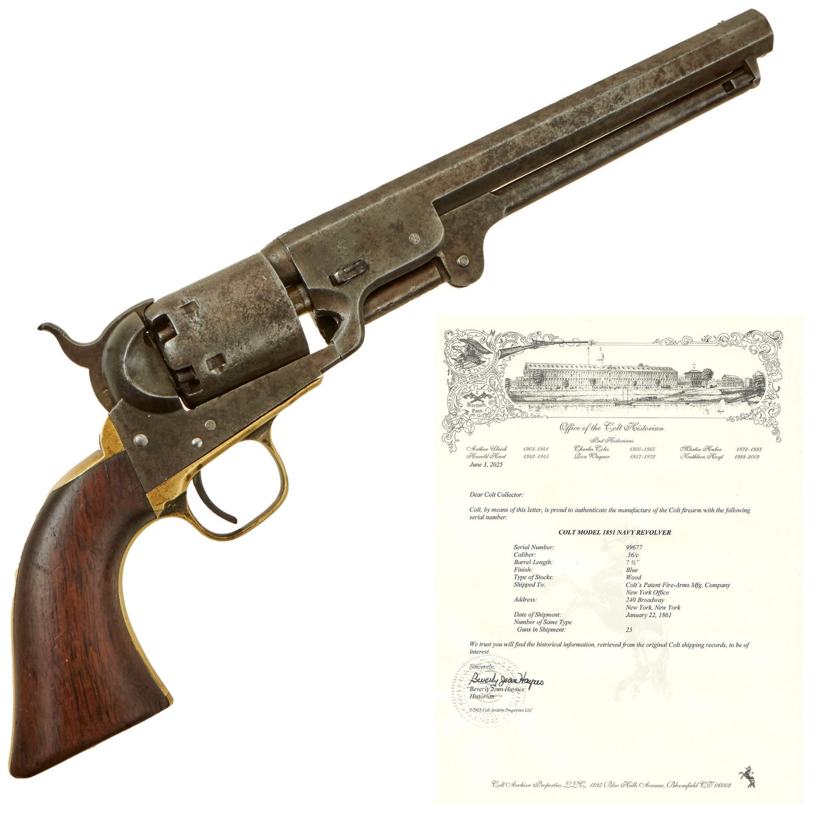 Buy Original U.S. Civil War Confederate Serial Range Colt Model 1851 Navy .36cal Percussion Revolver Made in 1861 with Factory Letter - Matching Serial 99677 | Original Firearms Antique For Sale