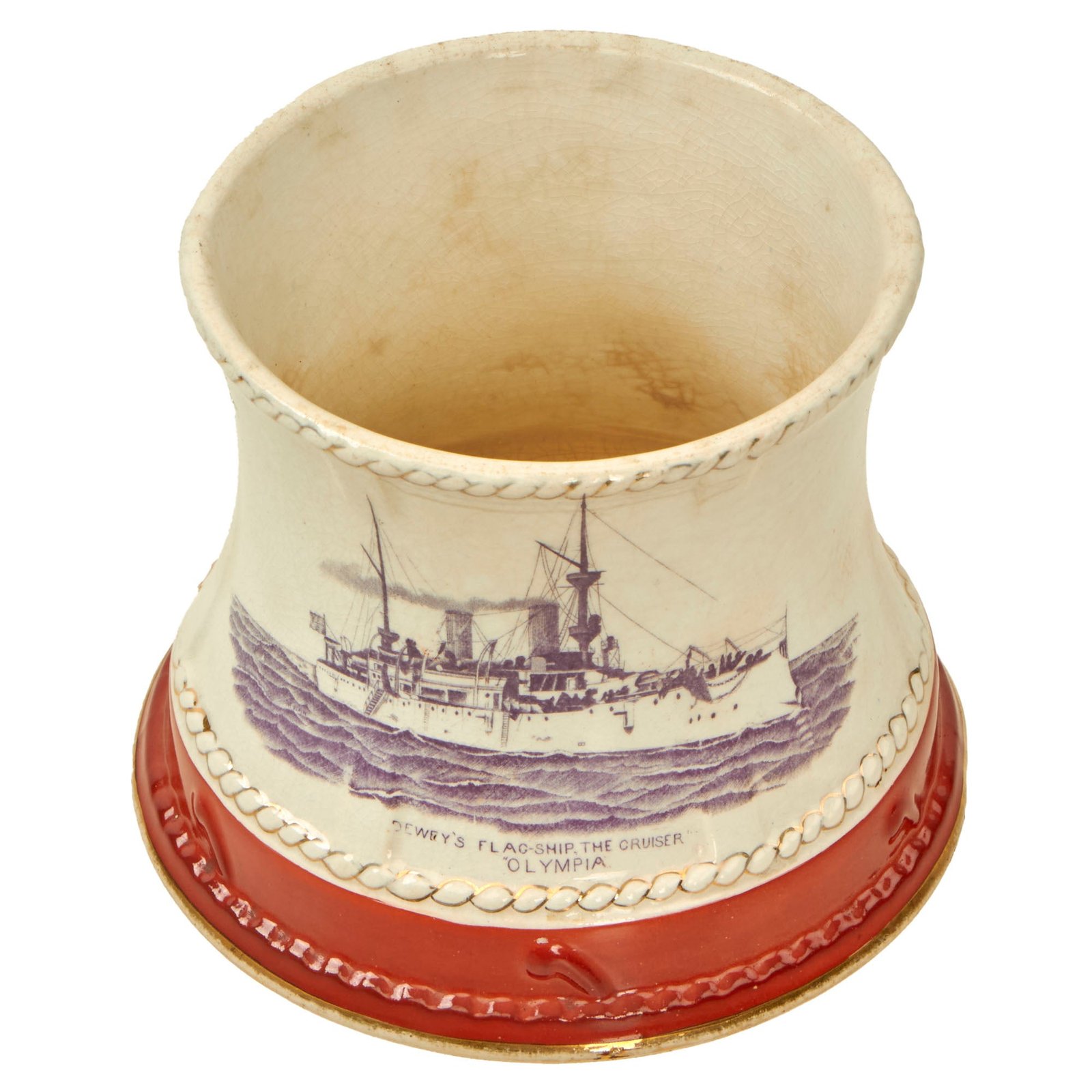 Buy Original Spanish-American War USS Olympia “Dewey’s Flagship” Ceramic Spittoon by the Wheeling Pottery Co. | Original Firearms Antique For Sale