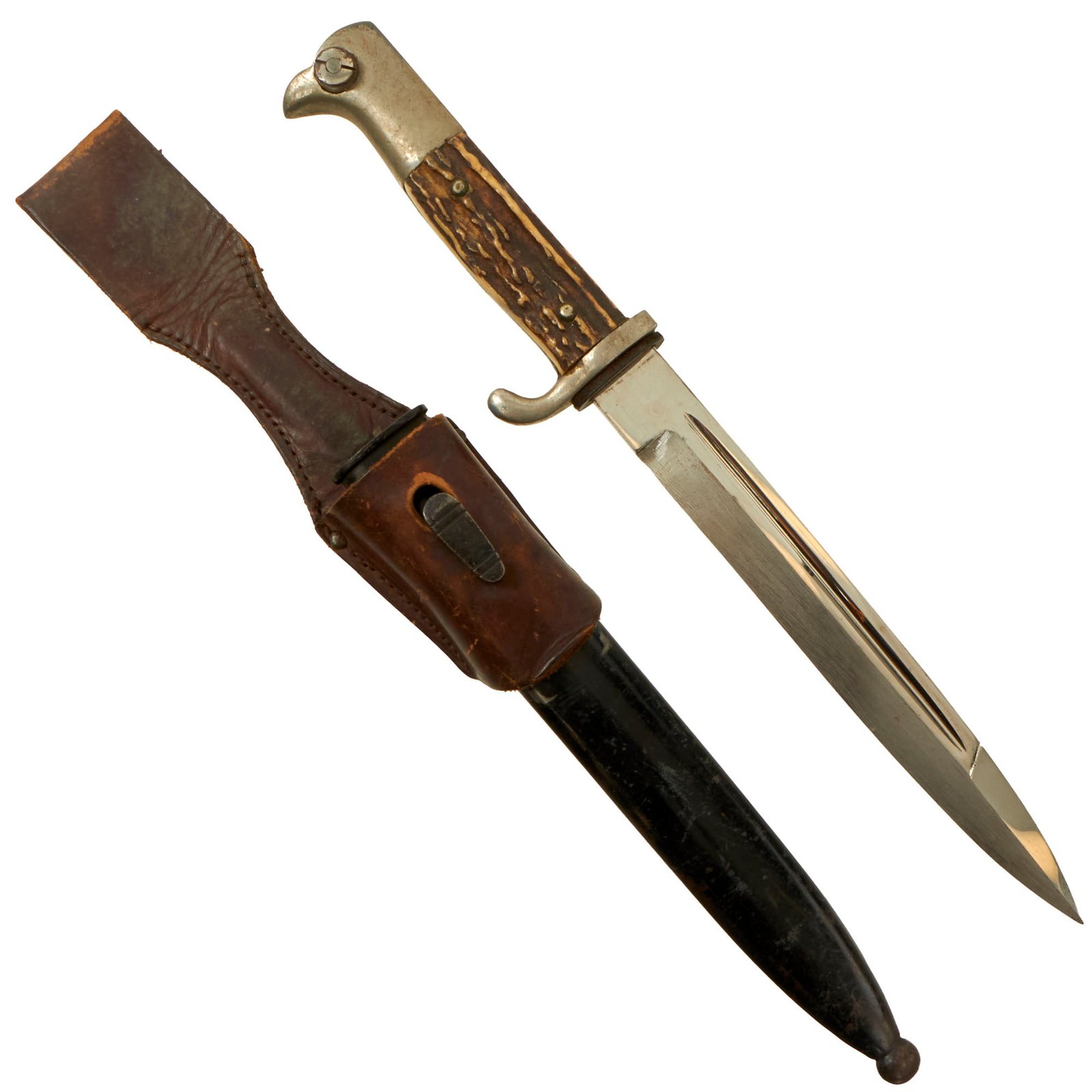 Buy Original German Pre WWII Heer Short Stag Handle 98k Dress Bayonet by C. Lütters & Co of Solingen with Scabbard and Leather Frog | Original Firearms Antique For Sale