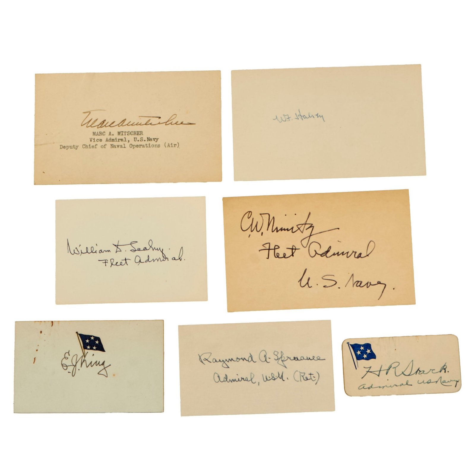 Buy Original U.S. WWII Collection of Eight U.S. Navy Admiral Autographs - Nimitz, Mitscher, Halsey, Leahy, Spruance - 7 Total | Original Firearms Antique For Sale