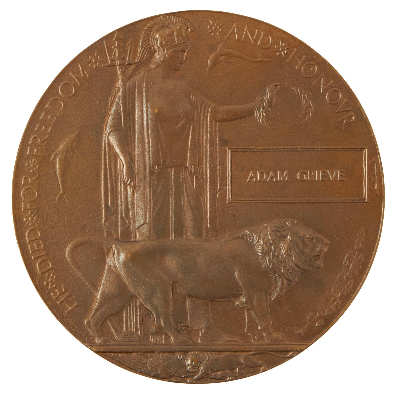 Buy Original British WWI KIA Death Penny Soldier Memorial - Adam Grieve, Cameron Highlanders | Original Firearms Antique For Sale