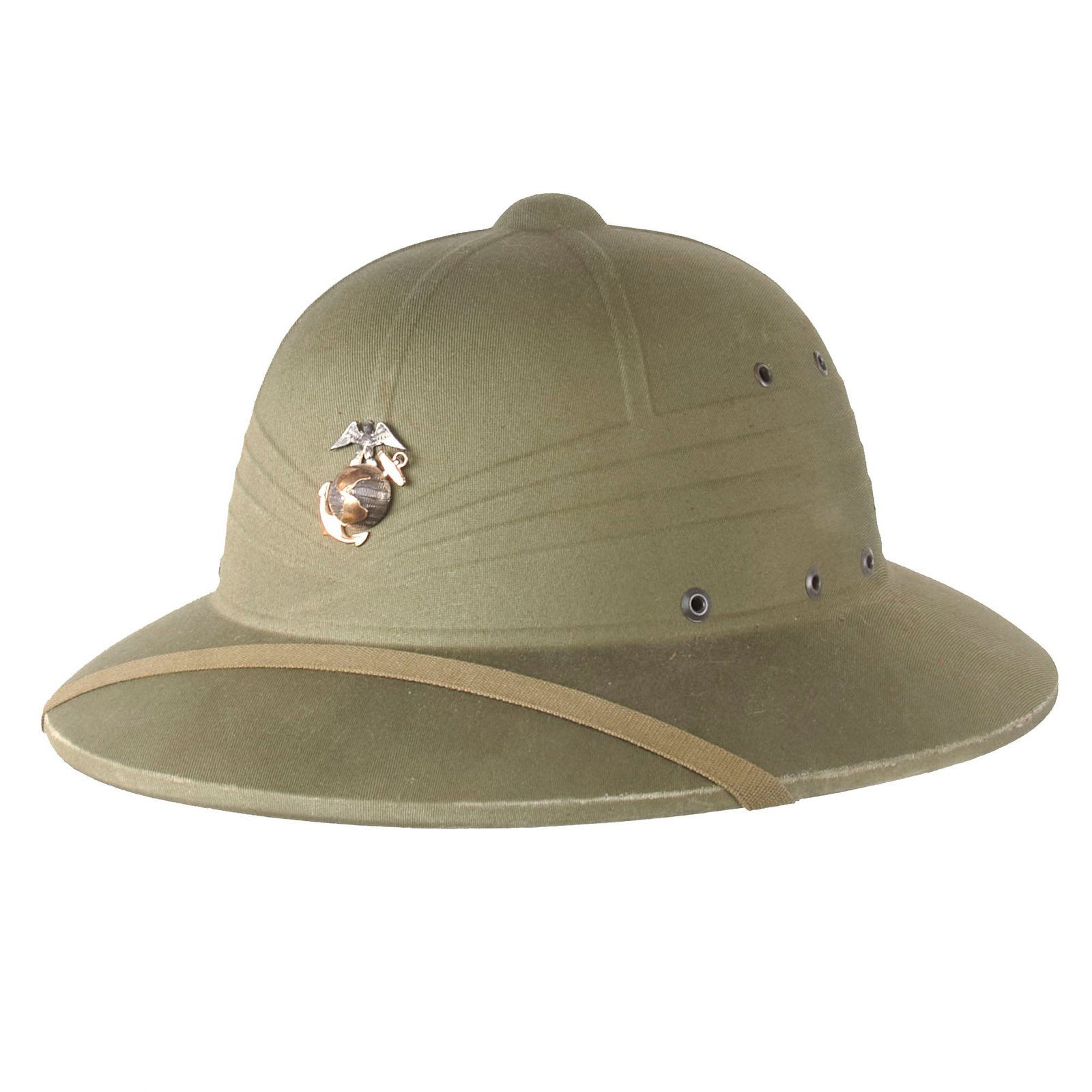Buy Original U.S. WWII-Era US Marine Corps Issue M-1940 Pressed Fiber Sun Helmet with Original Chinstrap & Officer’s EGA Device | Original Firearms Antique For Sale