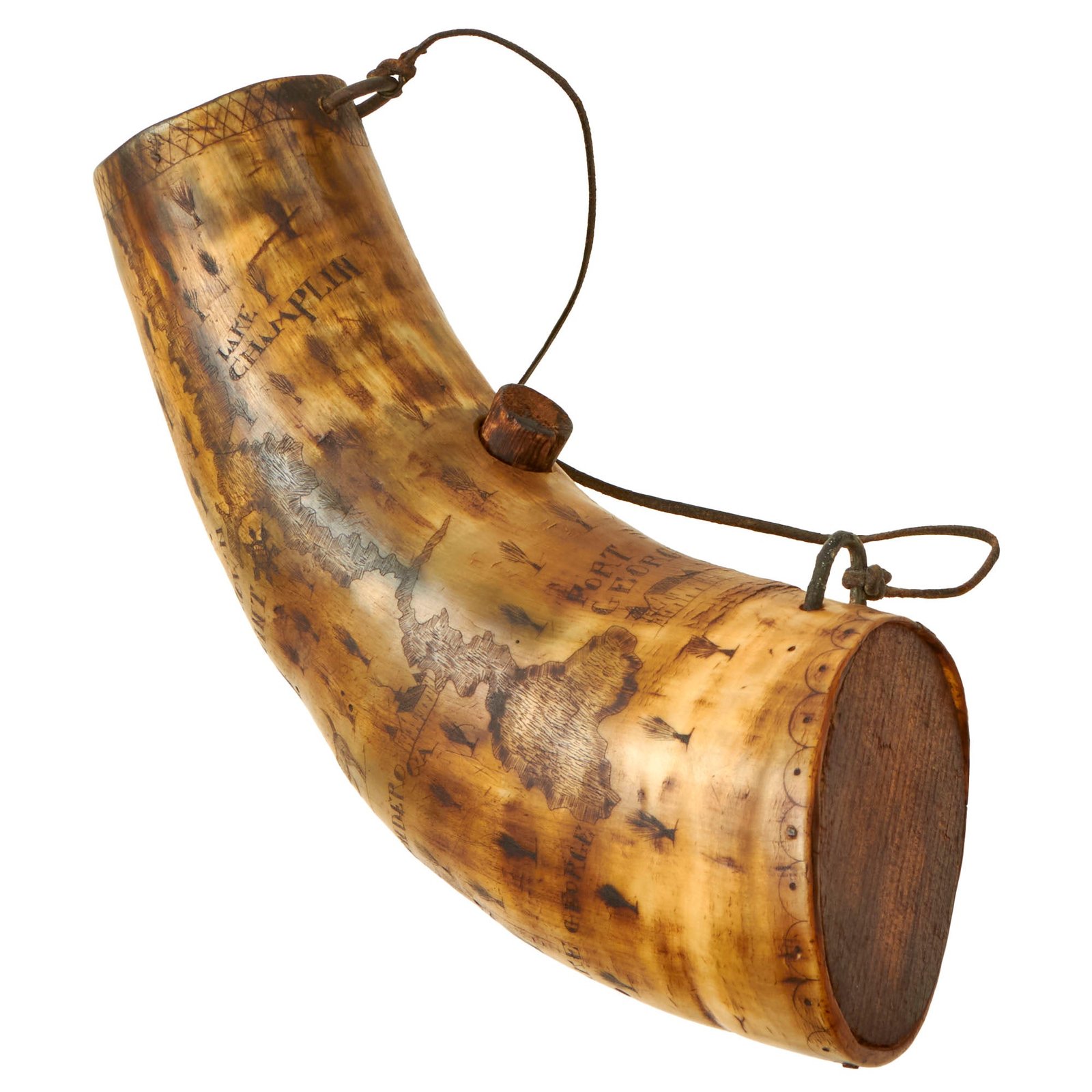Buy Original U.S. Revolutionary War Era Named & Scrimshawed Rum Horn with Map of Lake Champlain & Fort George Region of New York - L.B. Jessup - Dated 1788 | Original Firearms Antique For Sale
