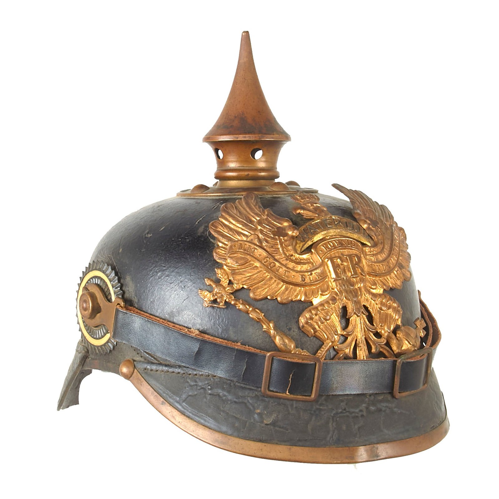 Buy Original Imperial German Pre-WWI “Waterloo” Prussian / Hannoverian 165th Infantry Regiment M1895 Pickelhaube Spiked Helmet with Cockades & Liner - Dated 1899 | Original Firearms Antique For Sale