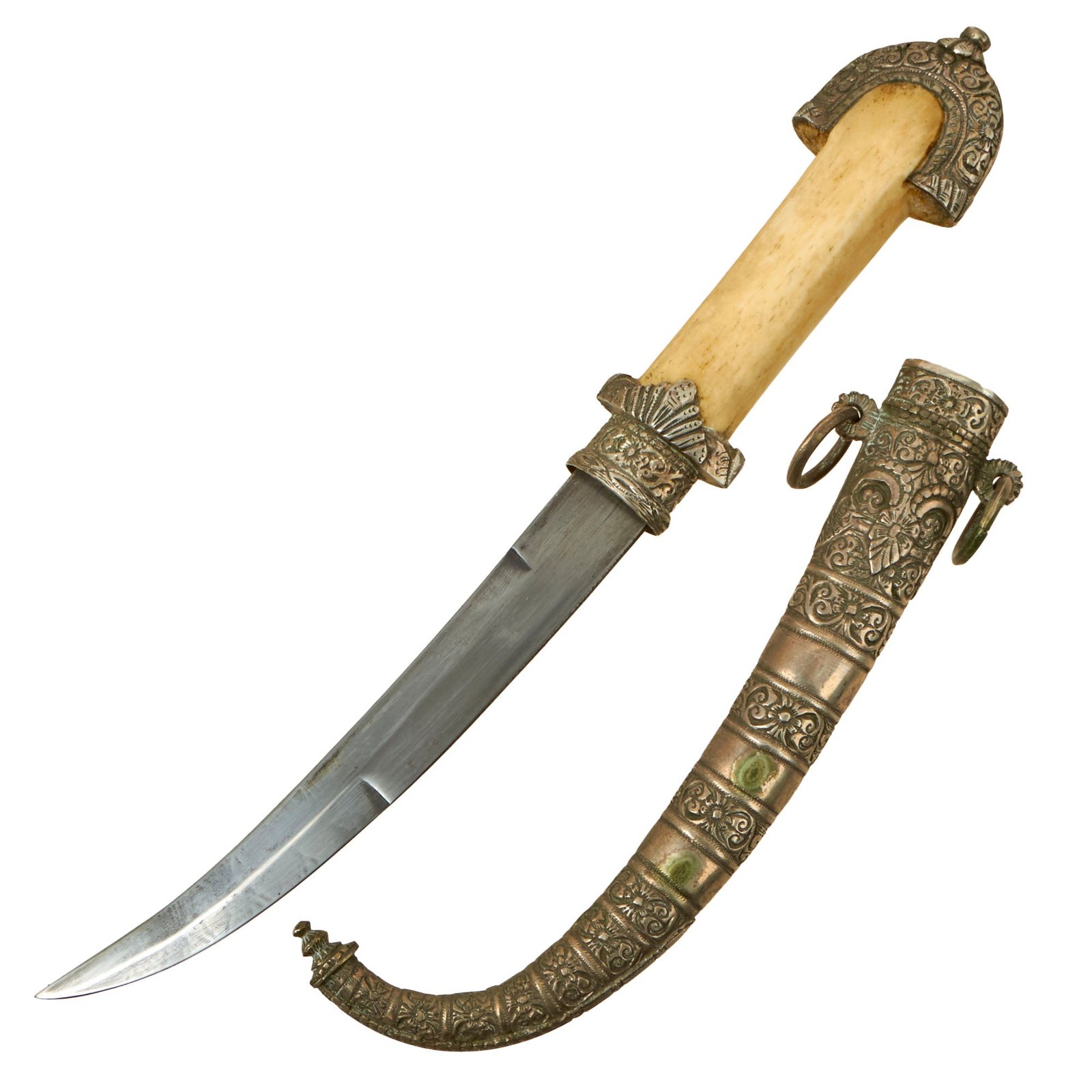 Buy Original Arabian WWI Era Silver-clad Jambiya Dagger with Scabbard and Bone Handle | Original Firearms Antique For Sale