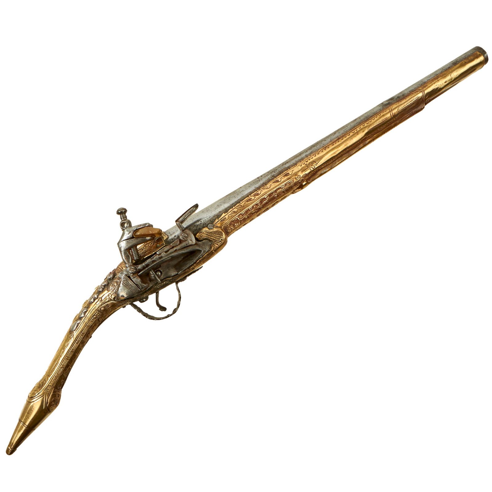 Buy Original 19th Century Balkan Embossed Brass Clad Miquelet Lock Rat Tail "Pirate" Pistol - circa 1800 - 1820 | Original Firearms Antique For Sale