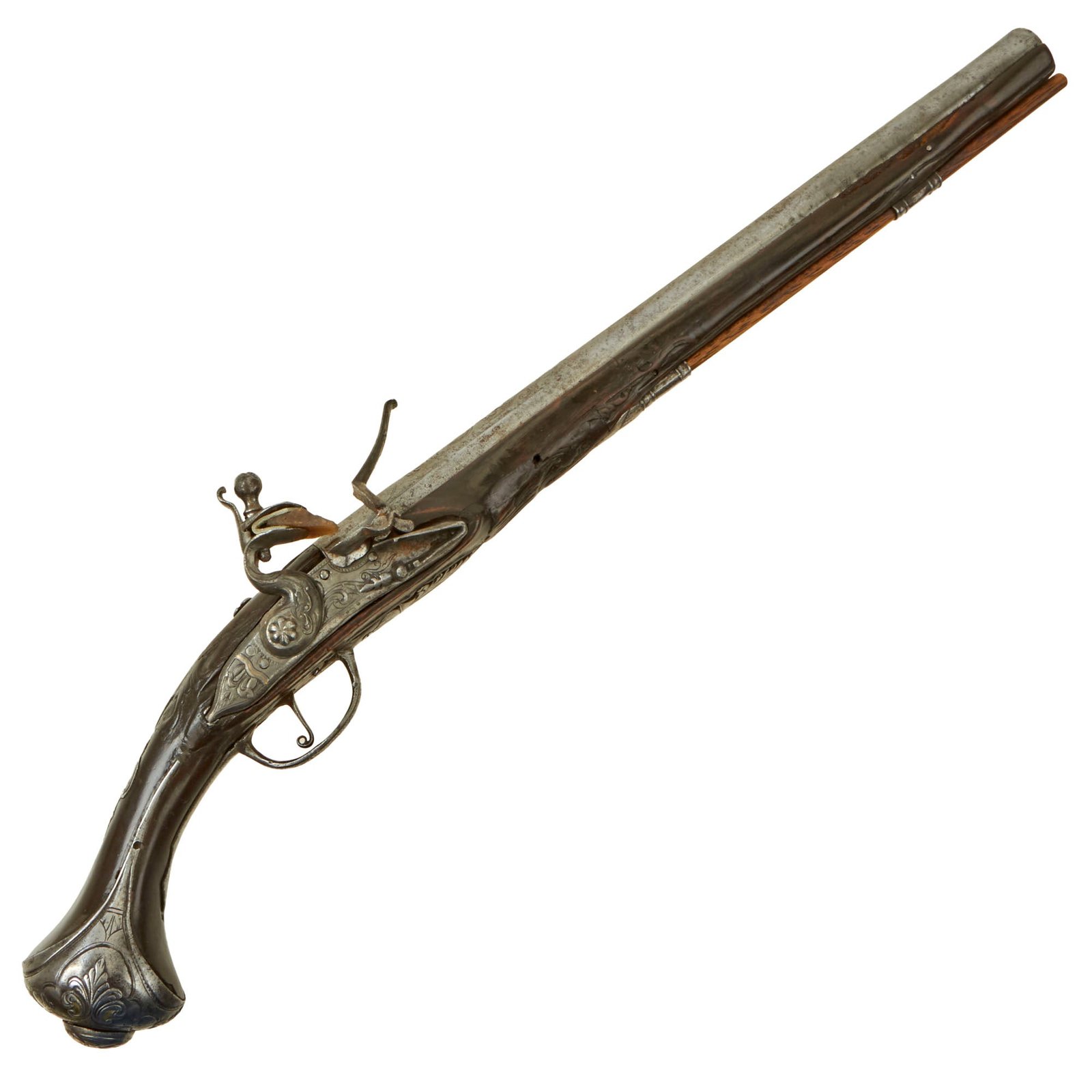 Buy Original 18th Century Ornate European Continental Flintlock Pistol with Carved Stock and Engraved Fittings - Circa 1720 | Original Firearms Antique For Sale