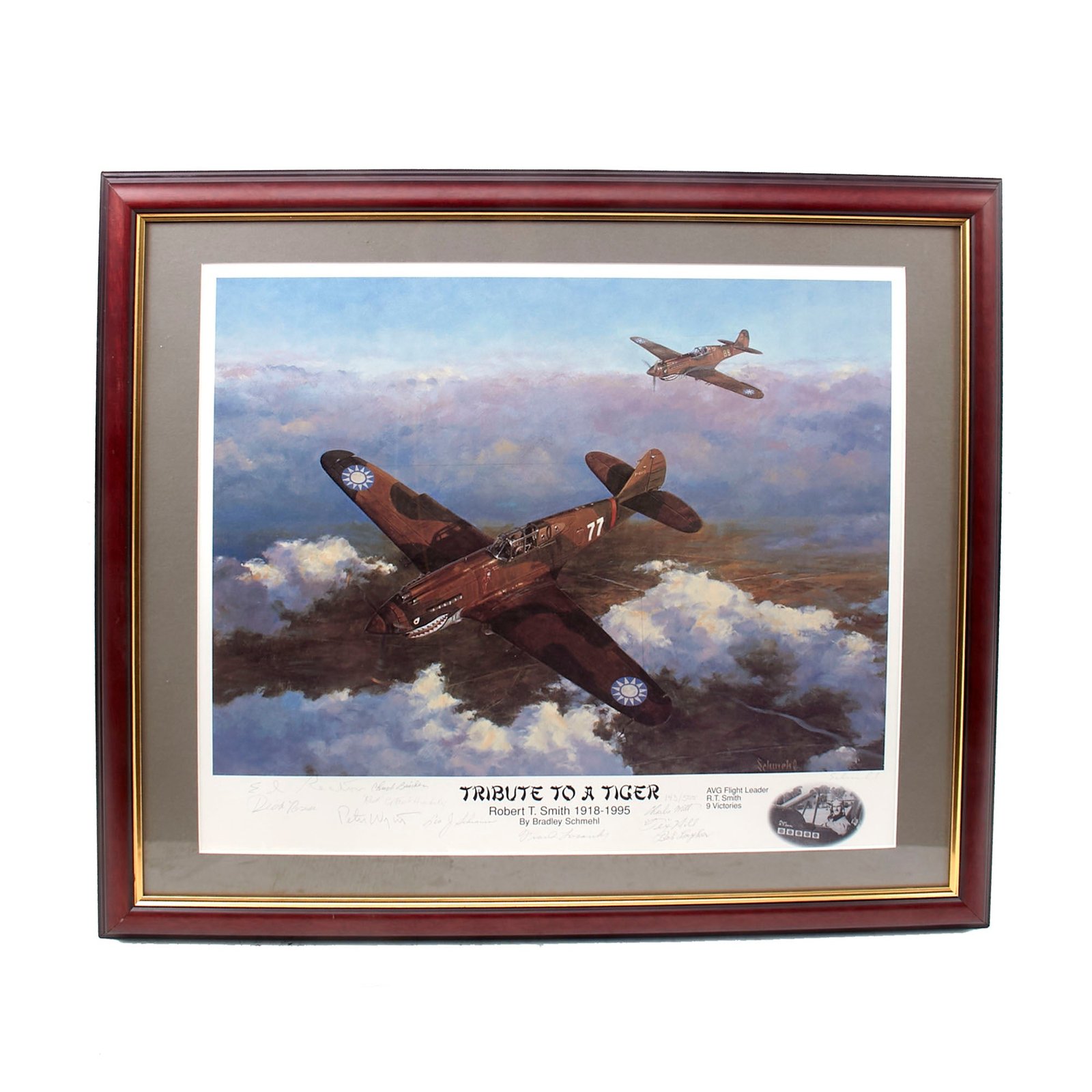 Buy Original Signed Limited Edition Print: Framed “Tribute to a Tiger” by Bradley Schmehl Signed by Ten Flying Tigers with Certificate of Authenticity - 22 x 26” - 143/500 | Original Firearms Antique For Sale