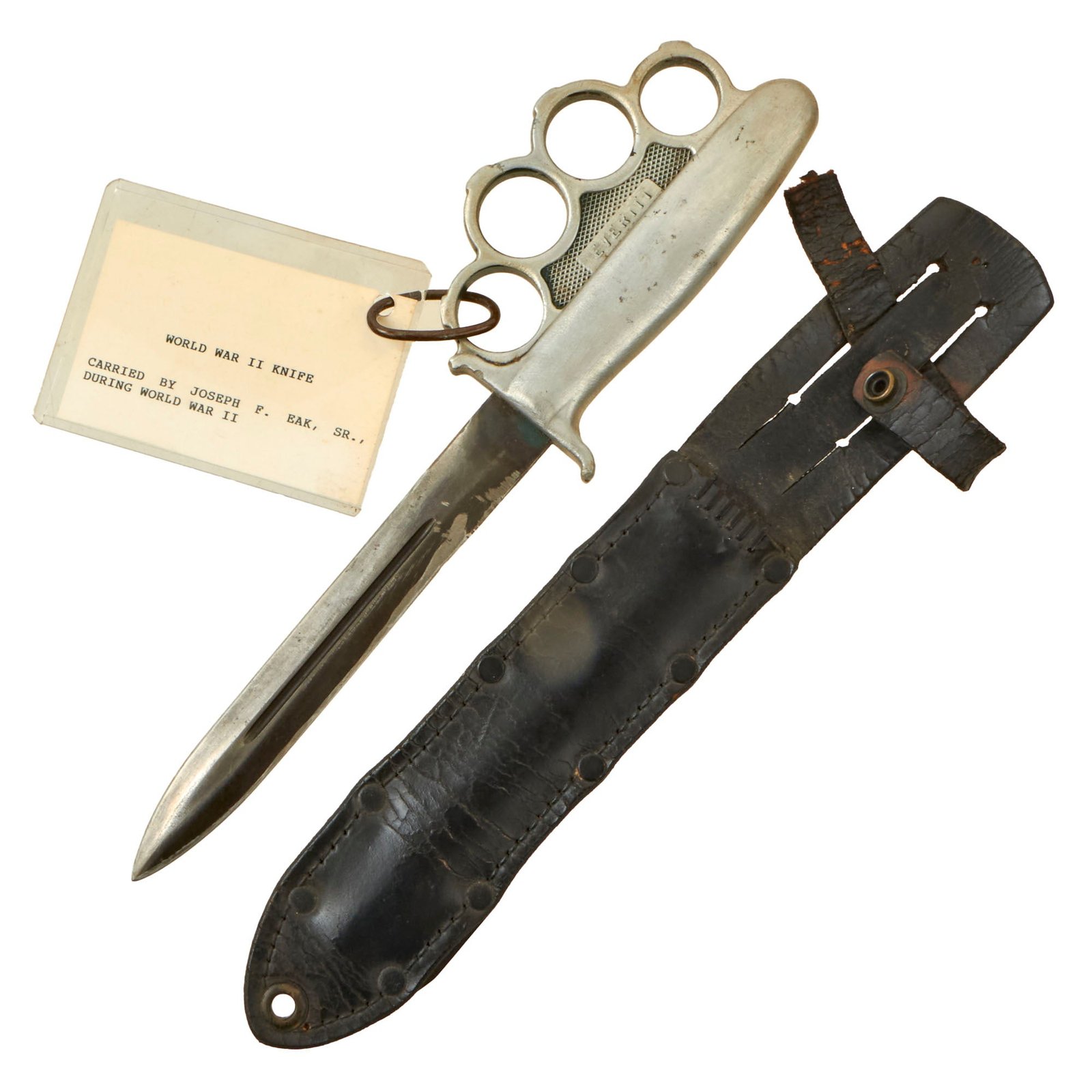 Buy Original U.S. WWII 91st Infantry Division Rare Everitt Green Handle Knuckle Fighting Knife with Scabbard Carried by Bronze Star Recipient Sergeant Joseph F. Eak Sr., 363rd Infantry Regiment | Original Firearms Antique For Sale