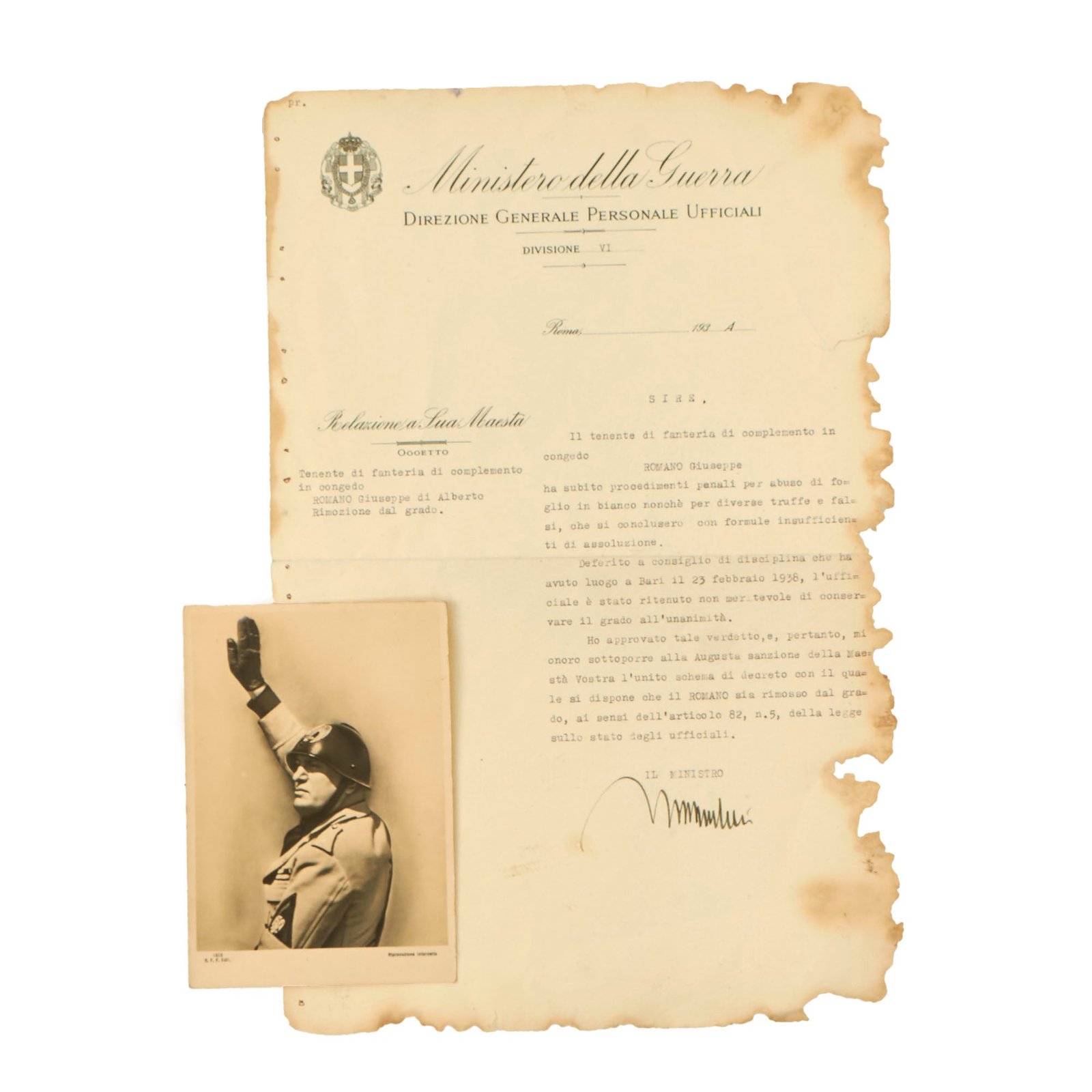 Buy Original Italian Pre-WWII Prime Minister Benito Mussolini Signed Document Regarding Sentencing of Retired Lieutenant - Dated 1938 | Original Firearms Antique For Sale