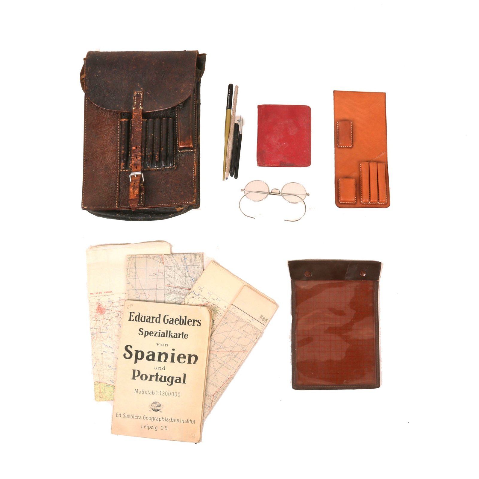 Buy Original German WWII 1941-Dated M35 Map/Dispatch Leather Case With Original Maps, Cartographic Tools, & Glasses | Original Firearms Antique For Sale