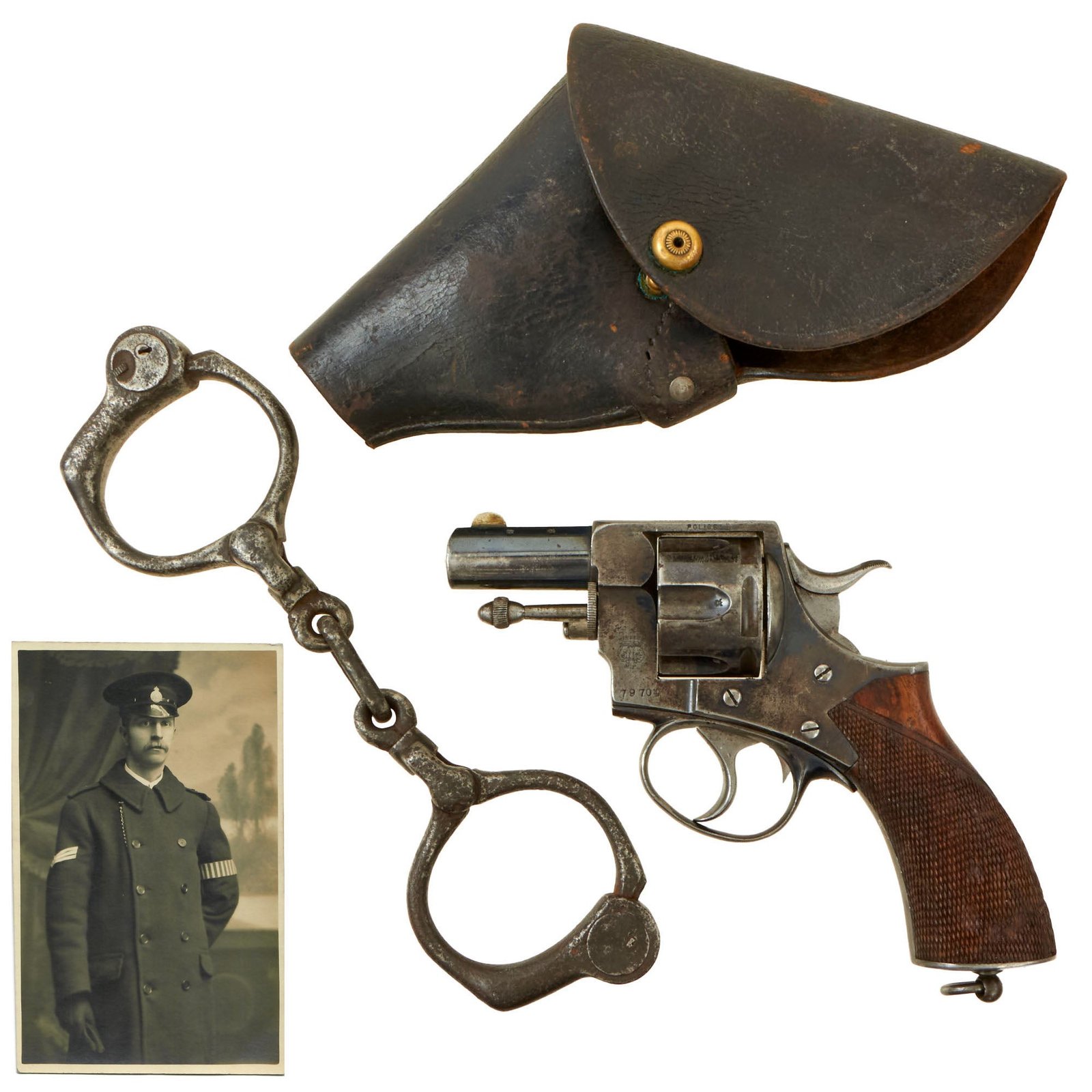 Buy Original Victorian British P. Webley & Son Metropolitan Police Revolver in .450 Circa 1885 with Period Holster, Photo, and Handcuffs - Serial 79704 | Original Firearms Antique For Sale