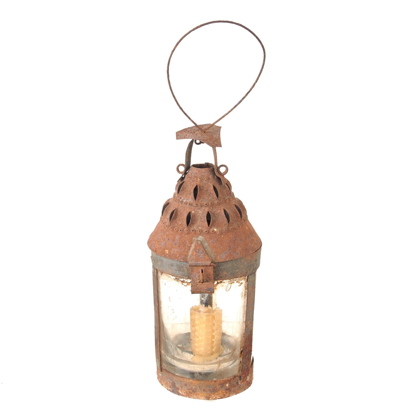 Buy Original U.S. Colonial Revolutionary War Era Punched Tin Lantern with Blown Glass Lense & Retained Candle | Original Firearms Antique For Sale