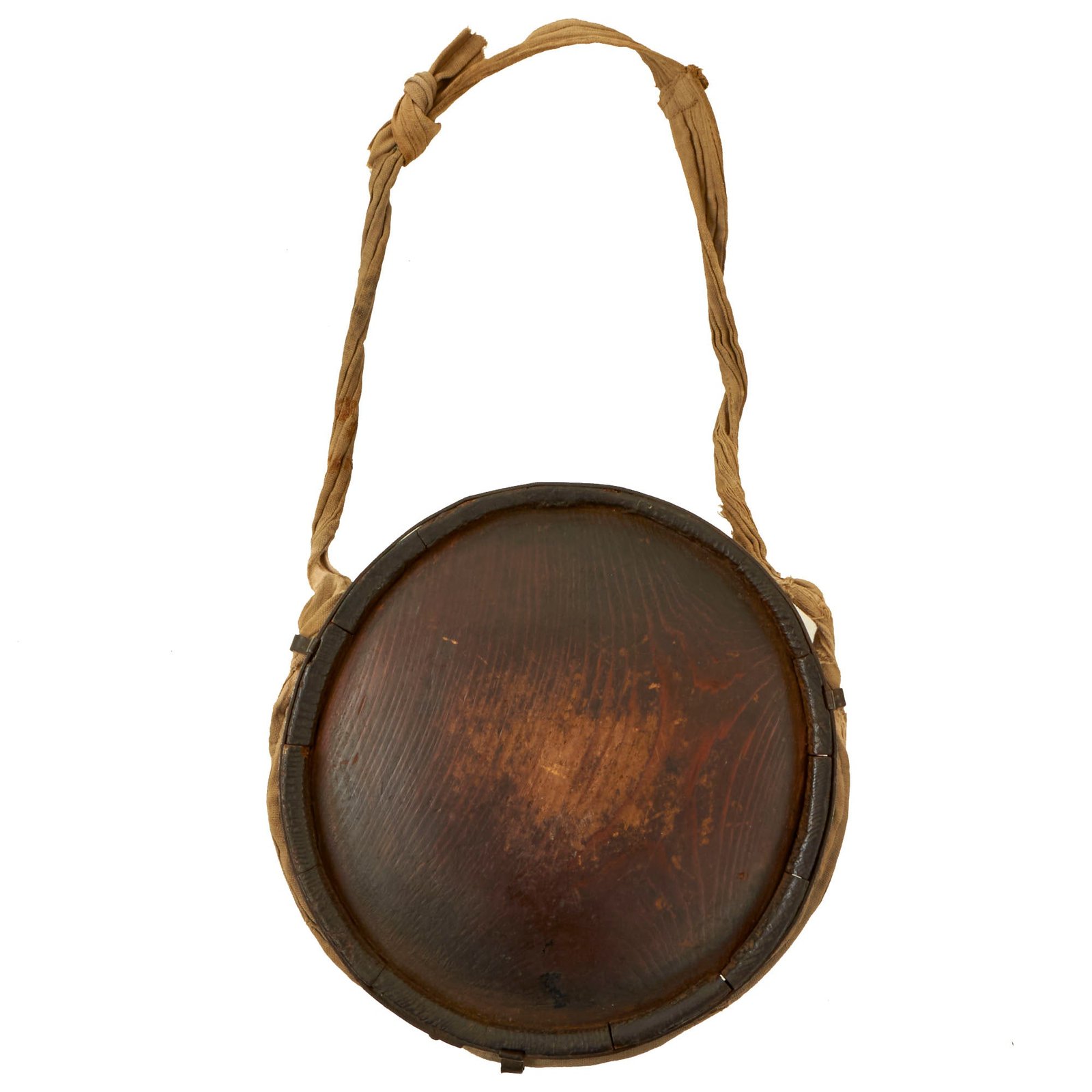 Buy Original U.S. Civil War Rare Confederate Issue “Gardner” Pattern Wooden Drum Canteen with Initials & Remnants of Canvas Carry Strap | Original Firearms Antique For Sale