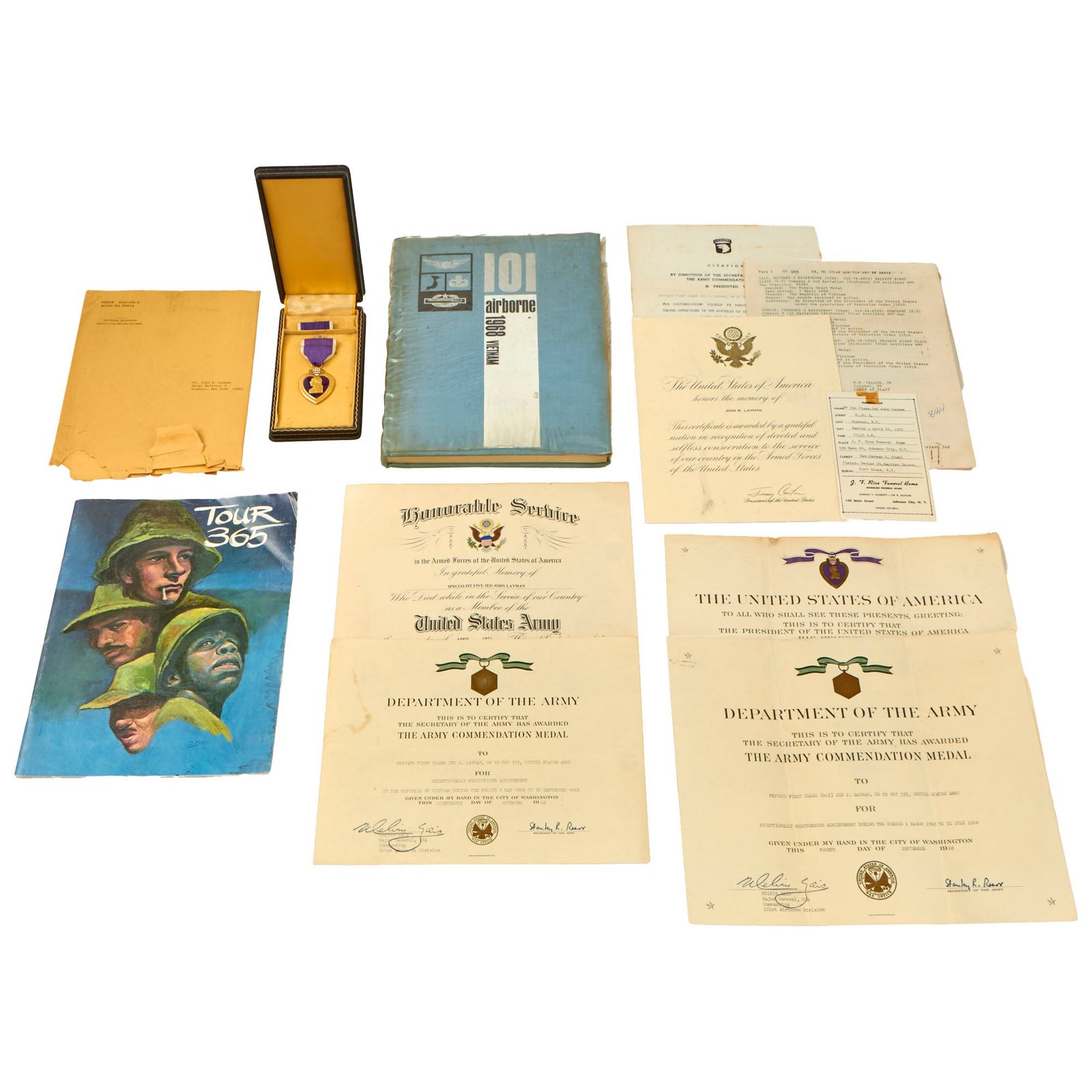 Buy Original U.S. Vietnam War 101st Airborne Purple Heart Grouping with Medal & Citation Certificates & Unit Histories - Jed John Layman | Original Firearms Antique For Sale