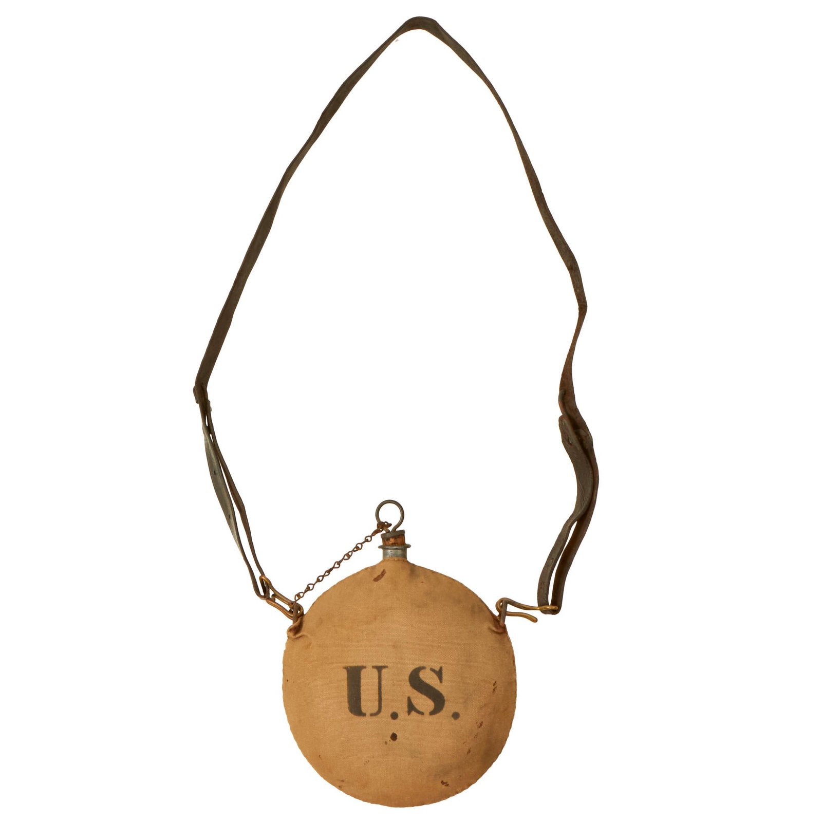 Buy Original U.S. Indian Wars / Spanish-American War- M1878 Canteen with Leather Shoulder Strap - Stamped “U.S.” | Original Firearms Antique For Sale